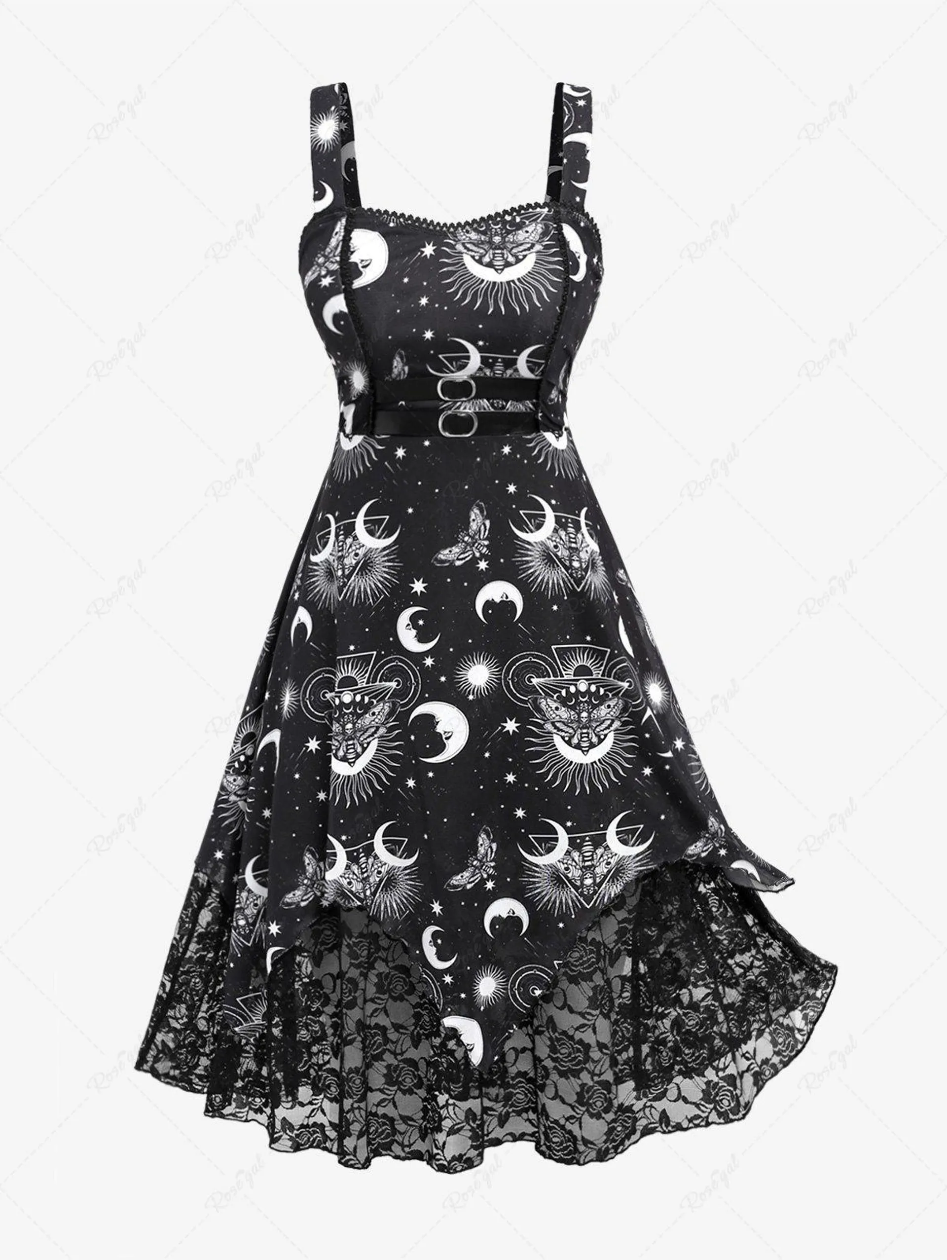 Plus Size Skull Butterfly Moon Star Sun Print Lace Trim Buckle Tank Dress - 4x | Us 26-28