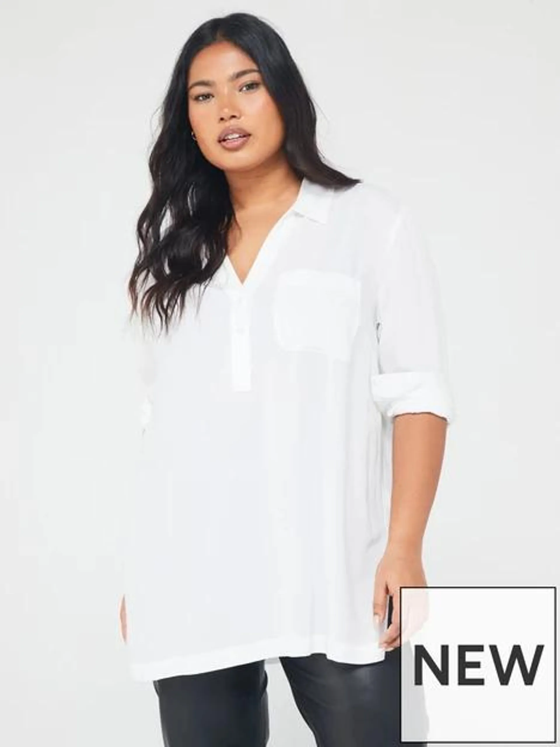 3/4 Button Front Long Sleeve Shirt - White