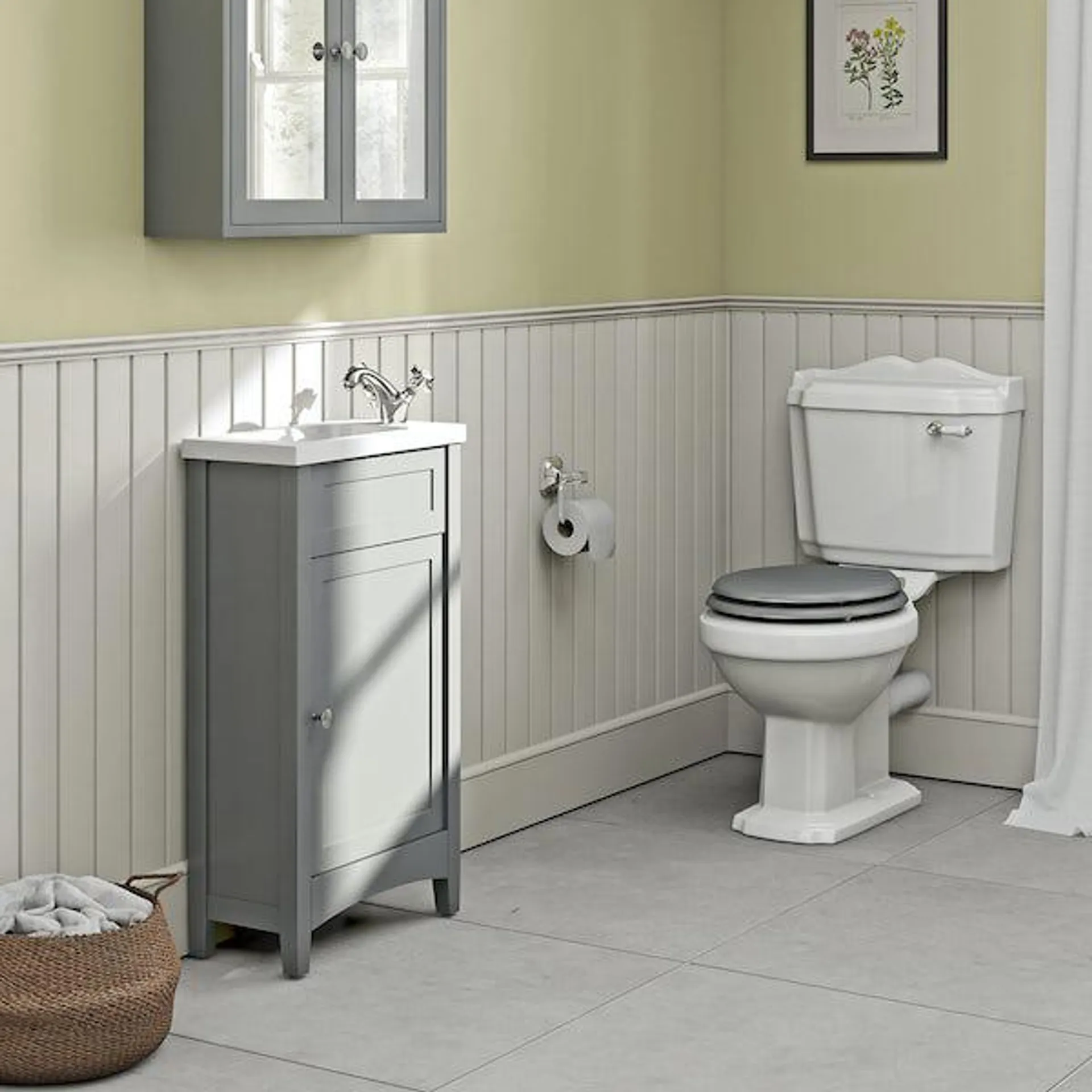 The Bath Co. Camberley satin grey complete cloakroom suite with traditional close coupled toilet