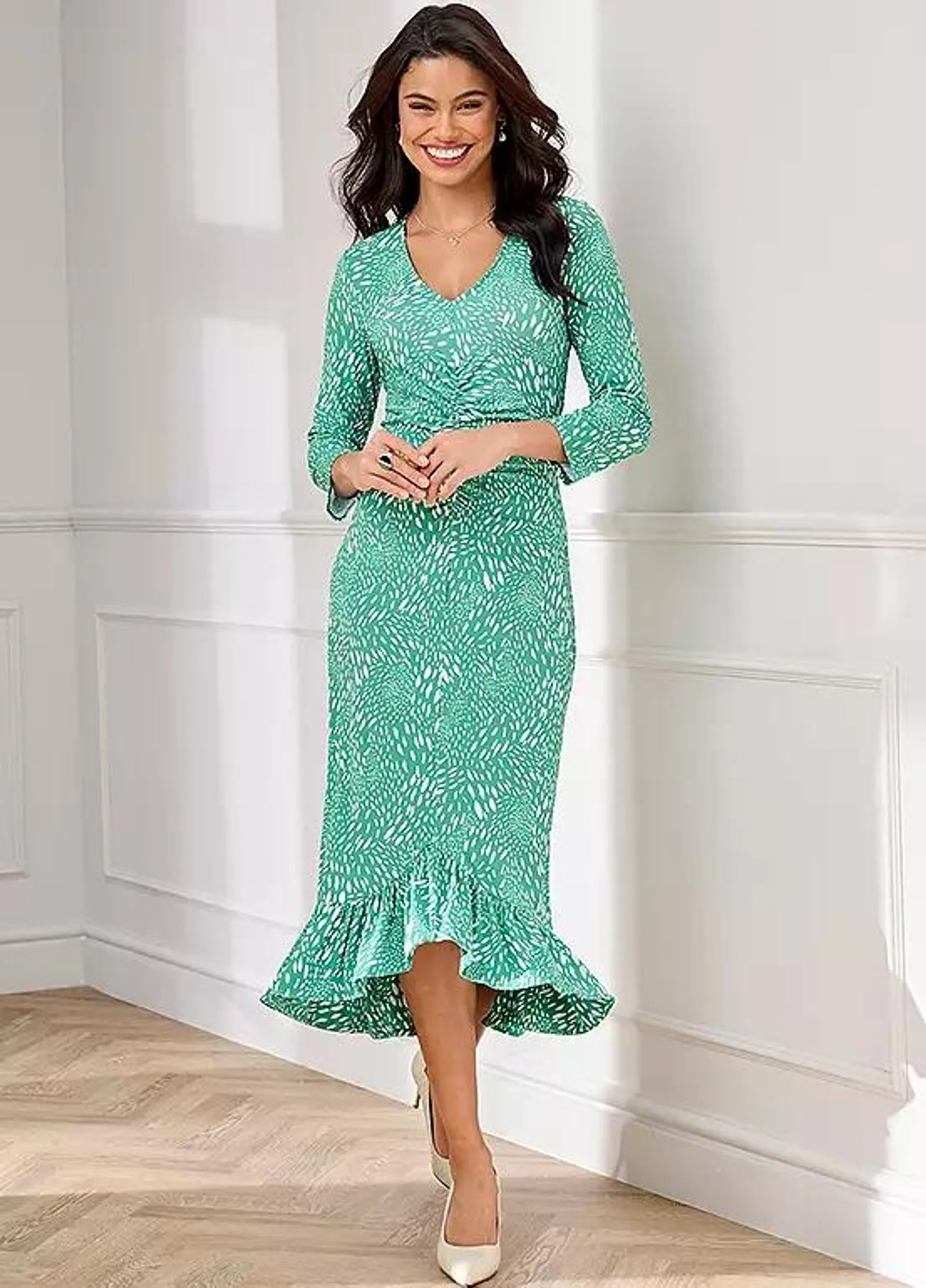 Kaleidoscope Green Spot Print Ruched Front Midi Dress