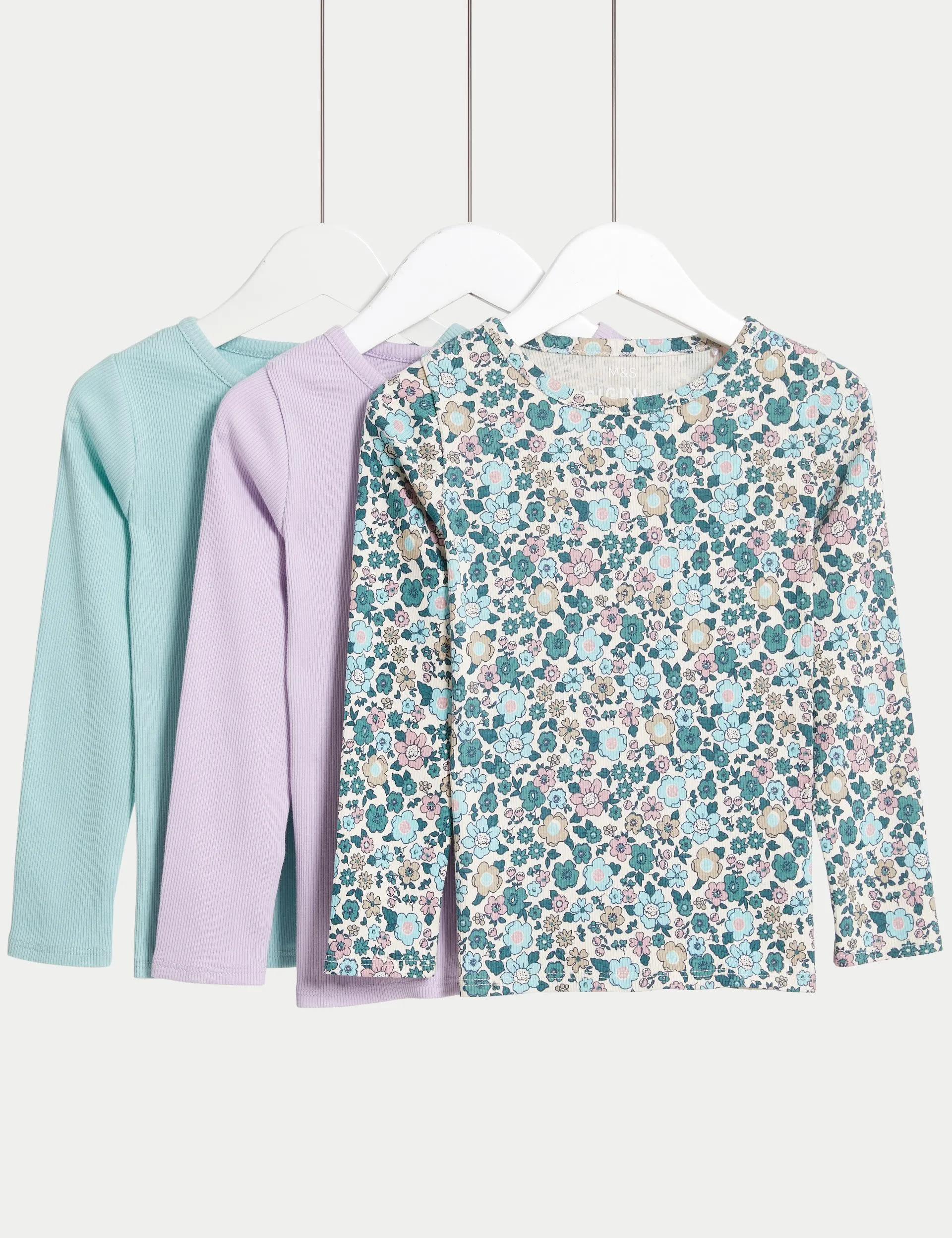 3pk Cotton Rich Floral Ribbed Tops (2-8 Yrs)