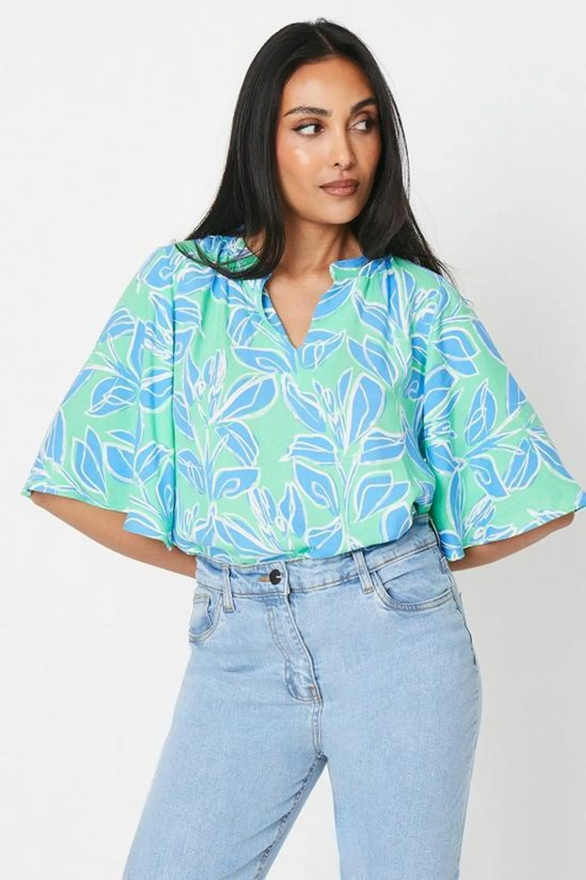 Petite Green Floral Flute Sleeve Blouse