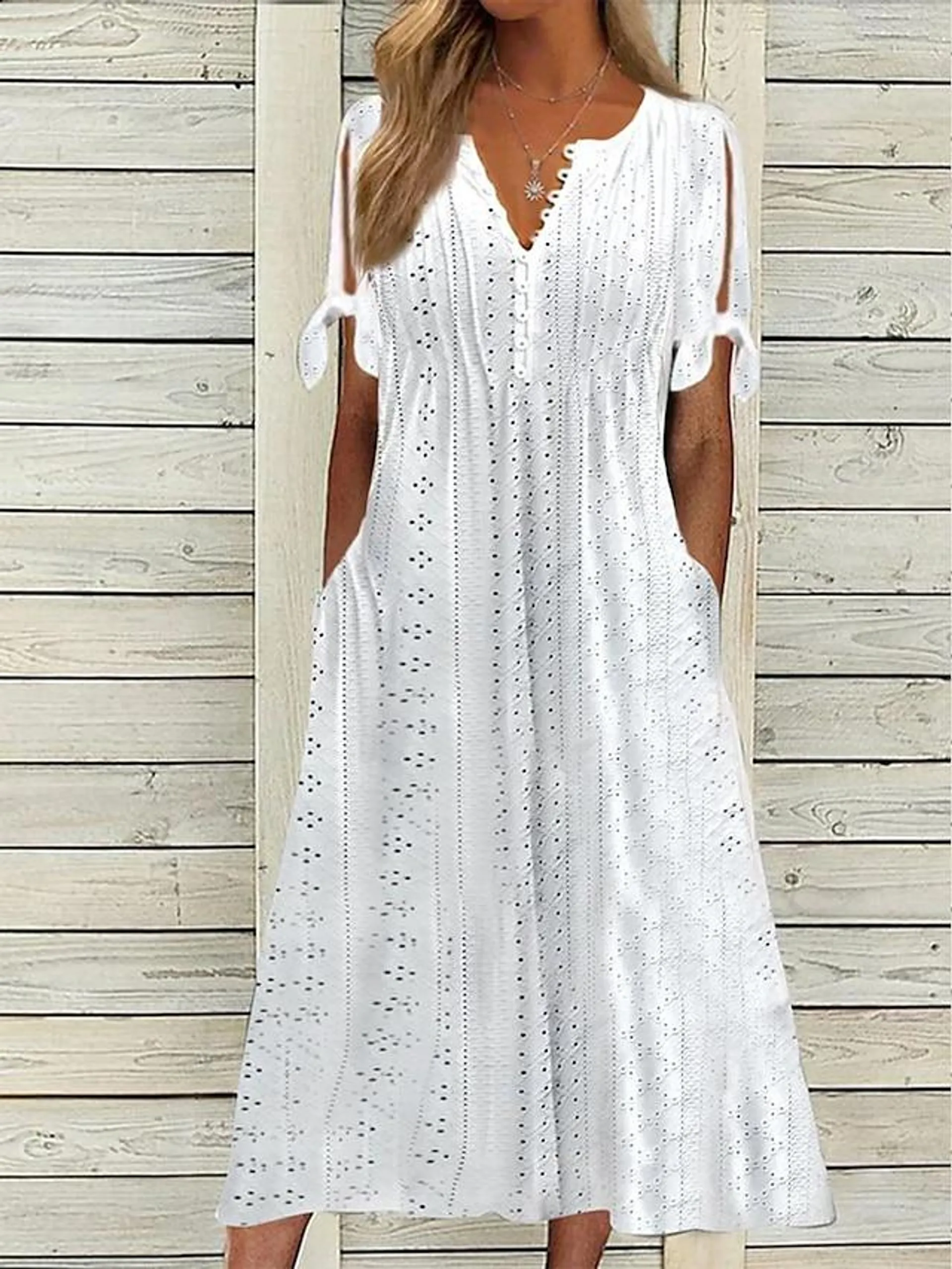 Women's Casual Dress Summer Dress Pleated Dress Plain Lace Ruched V Neck Midi Dress Fashion Elegant Outdoor Daily Short Sleeve Loose Fit White Blue Green Summer Spring S M L XL XXL