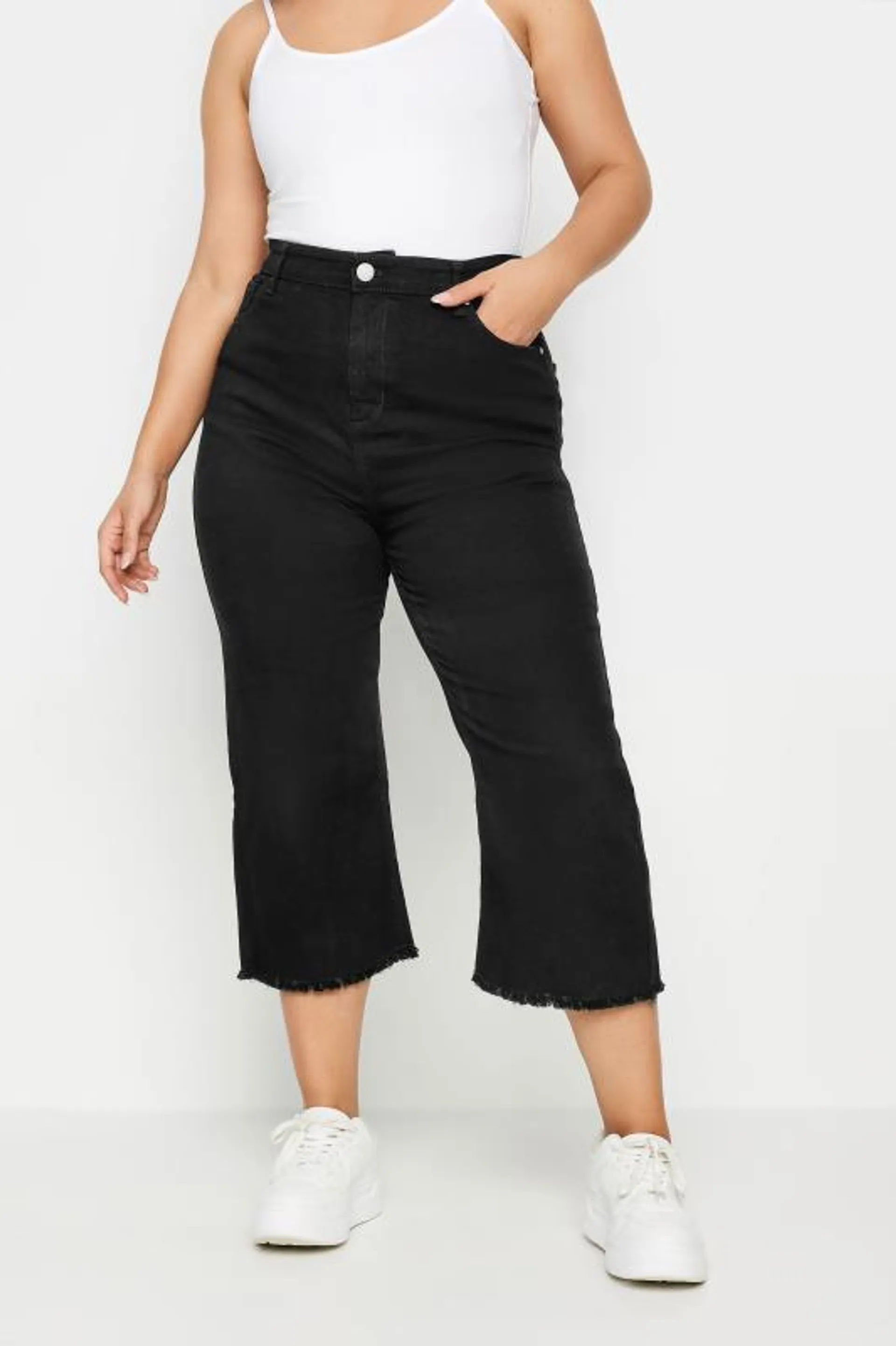 YOURS Curve Black Stretch Wide Leg Cropped Jeans