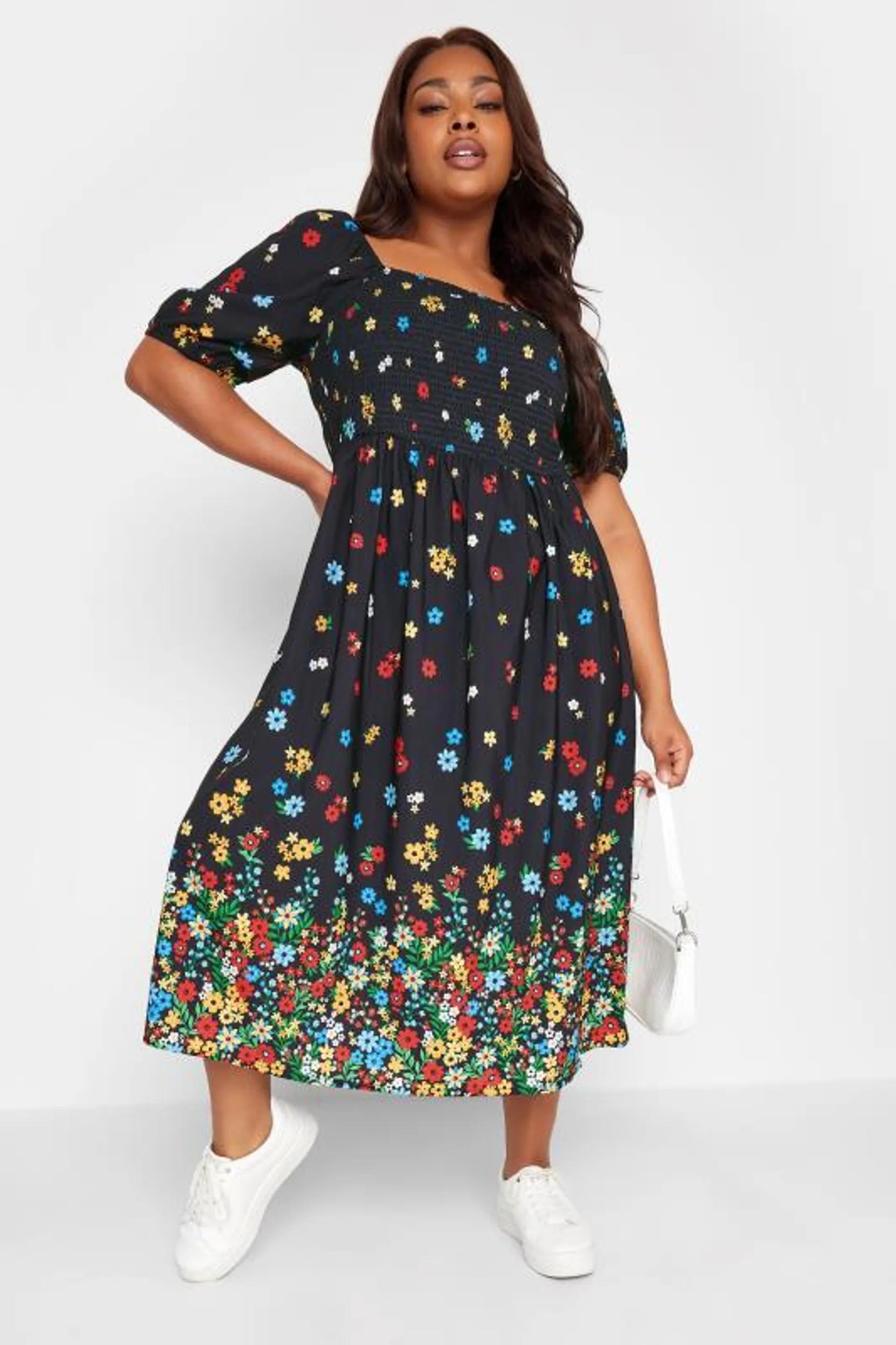 LIMITED COLLECTION Curve Black Floral Border Print Shirred Midi Dress