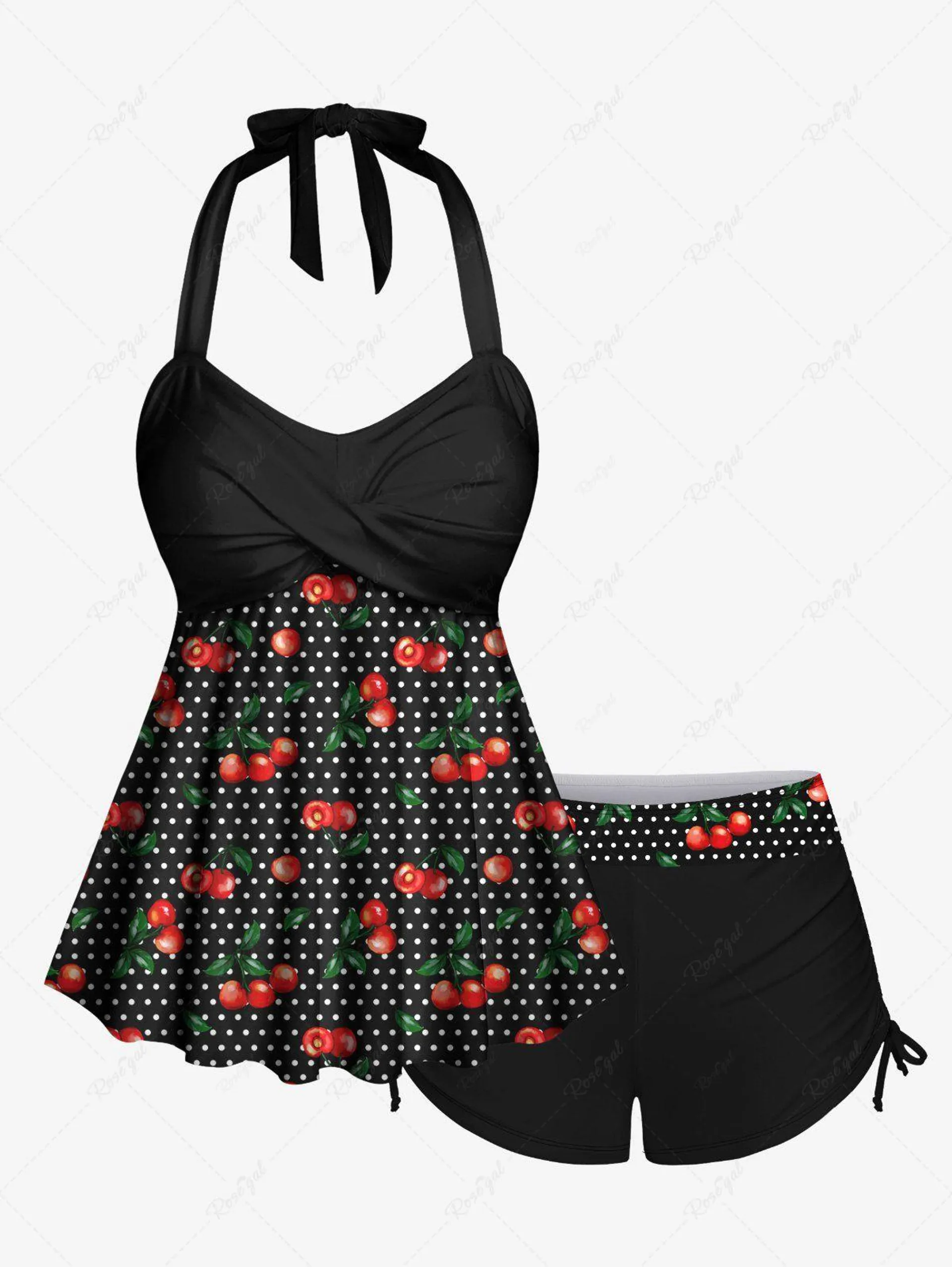 1950s Retro Cherry Dots Print Halter Ruched Cinched Boyleg Tankini Swimsuit - 3x