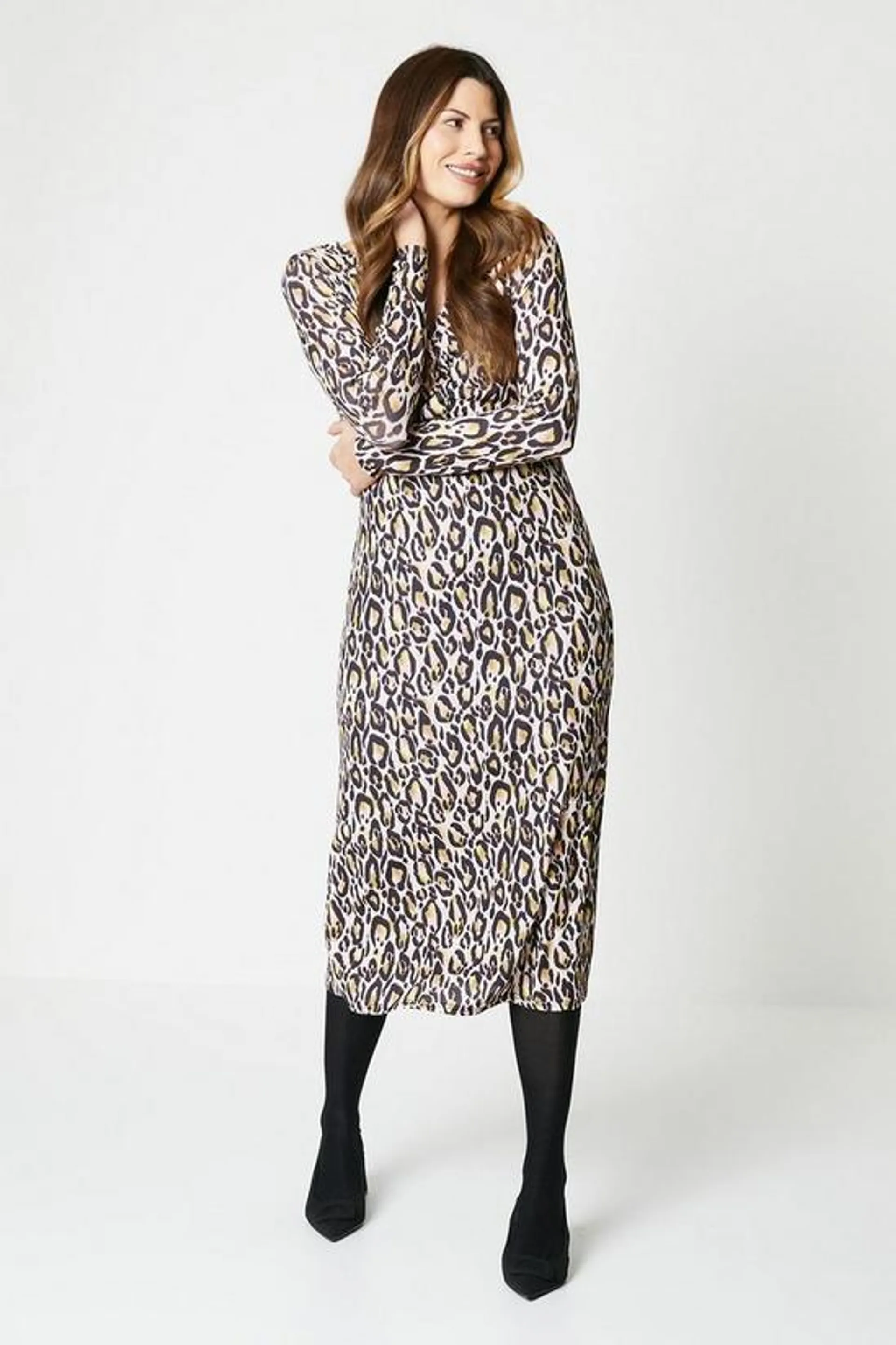 Animal Print Jersey Ruched Midi Dress