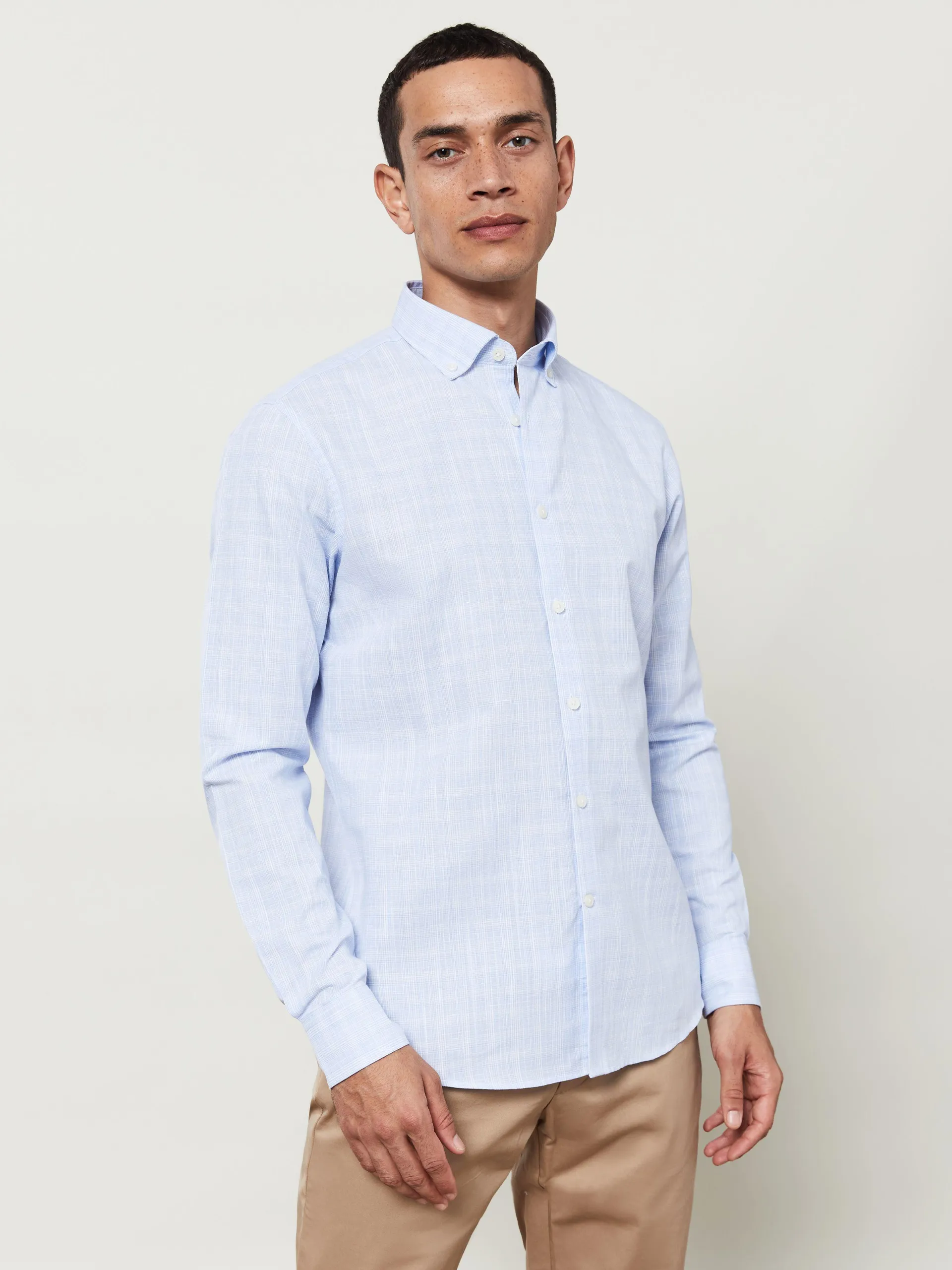 Cotton Linen Slim Fit Blue Check Shirt