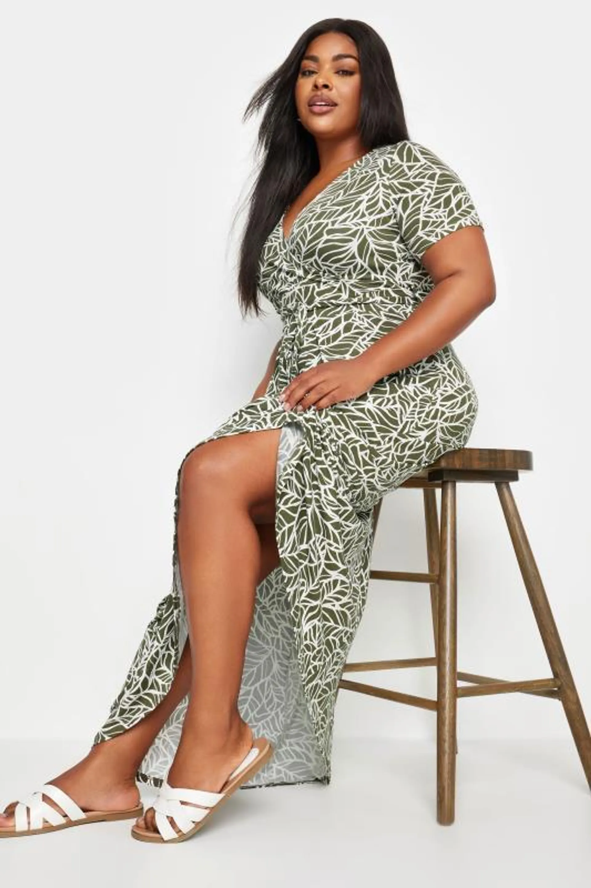 YOURS Curve Khaki Green Leaf Print Wrap Maxi Dress