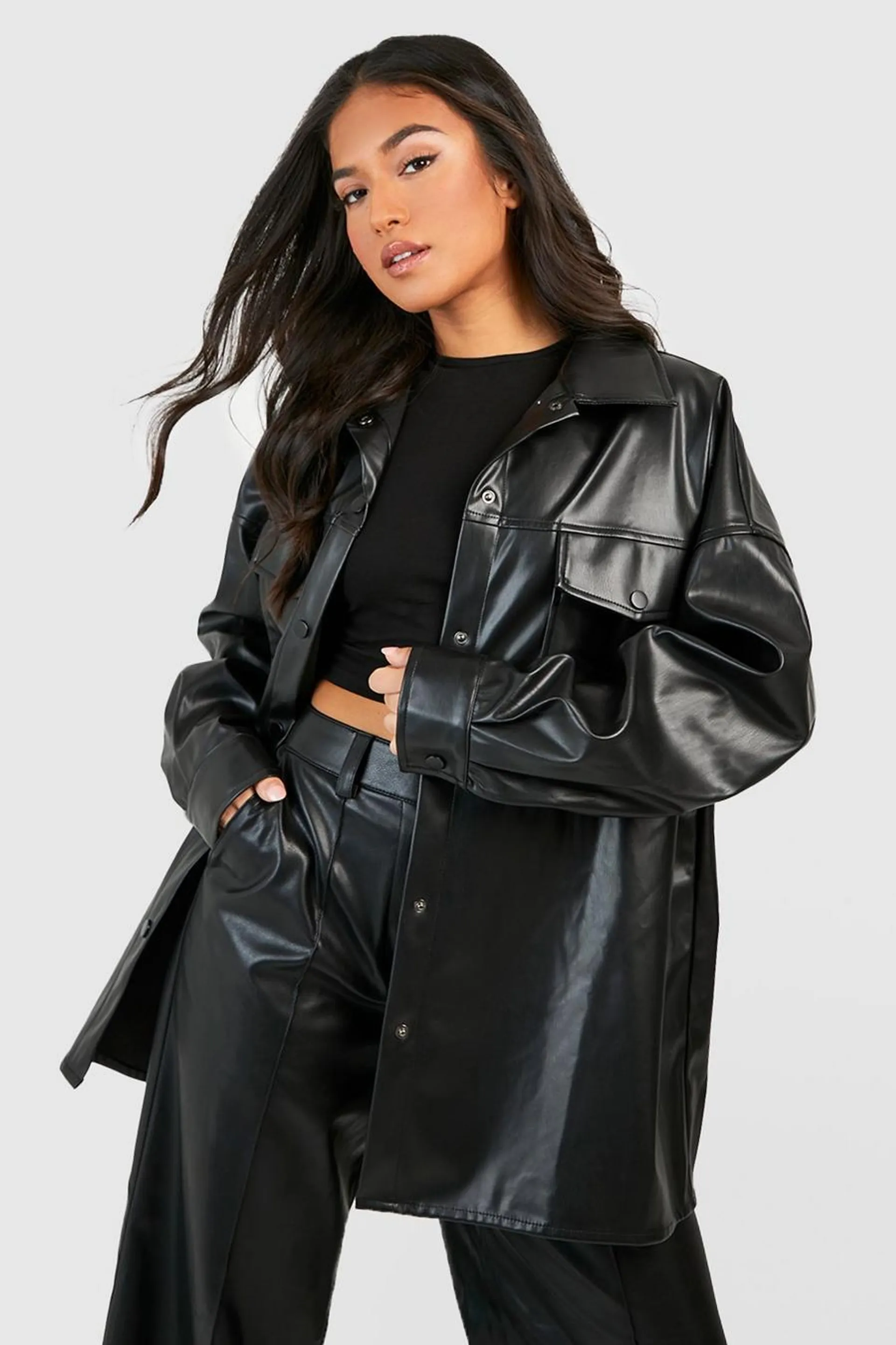 Petite Faux Leather Oversized Shacket