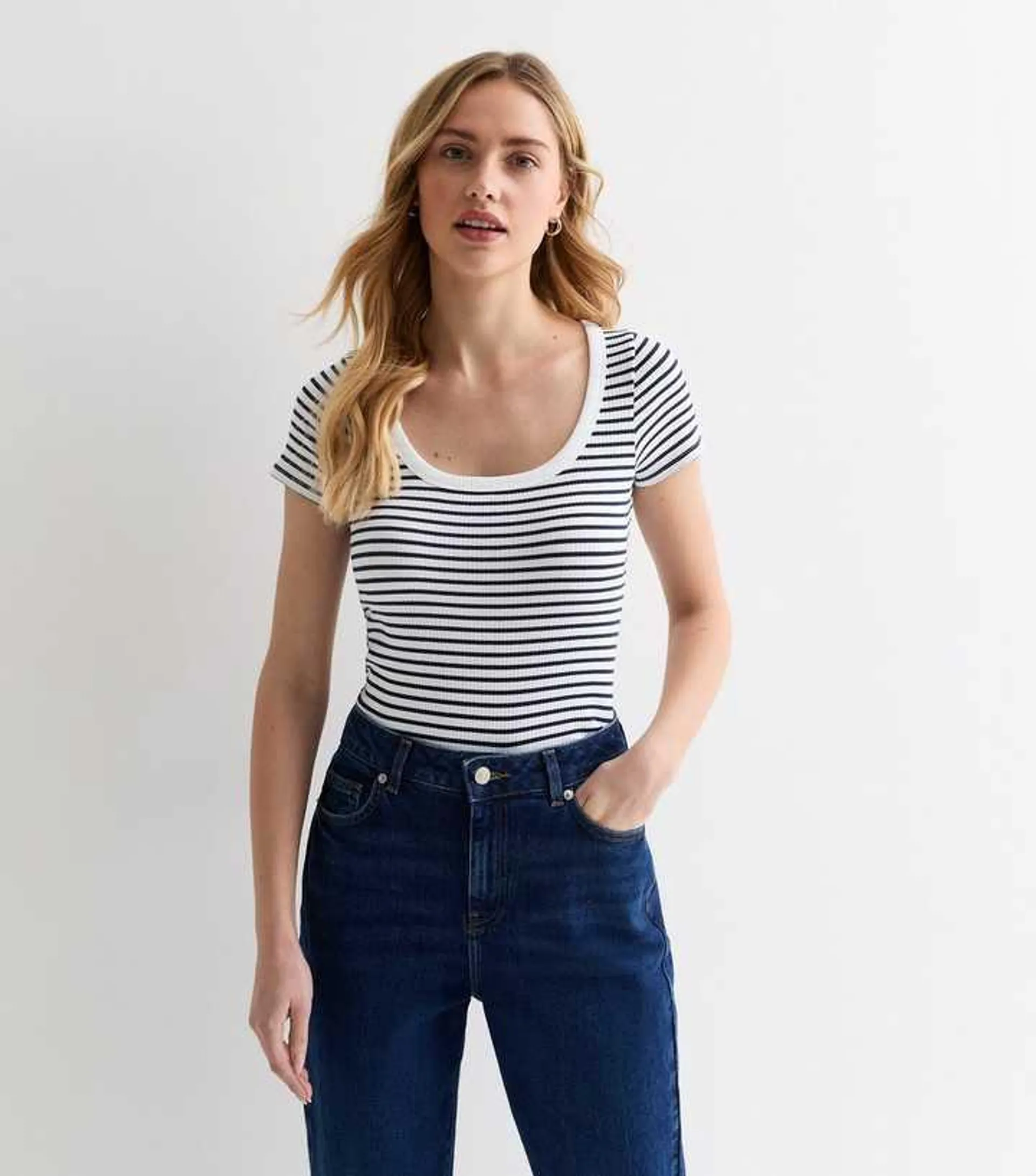 White Stripe Ribbed Scoop Neck T-Shirt