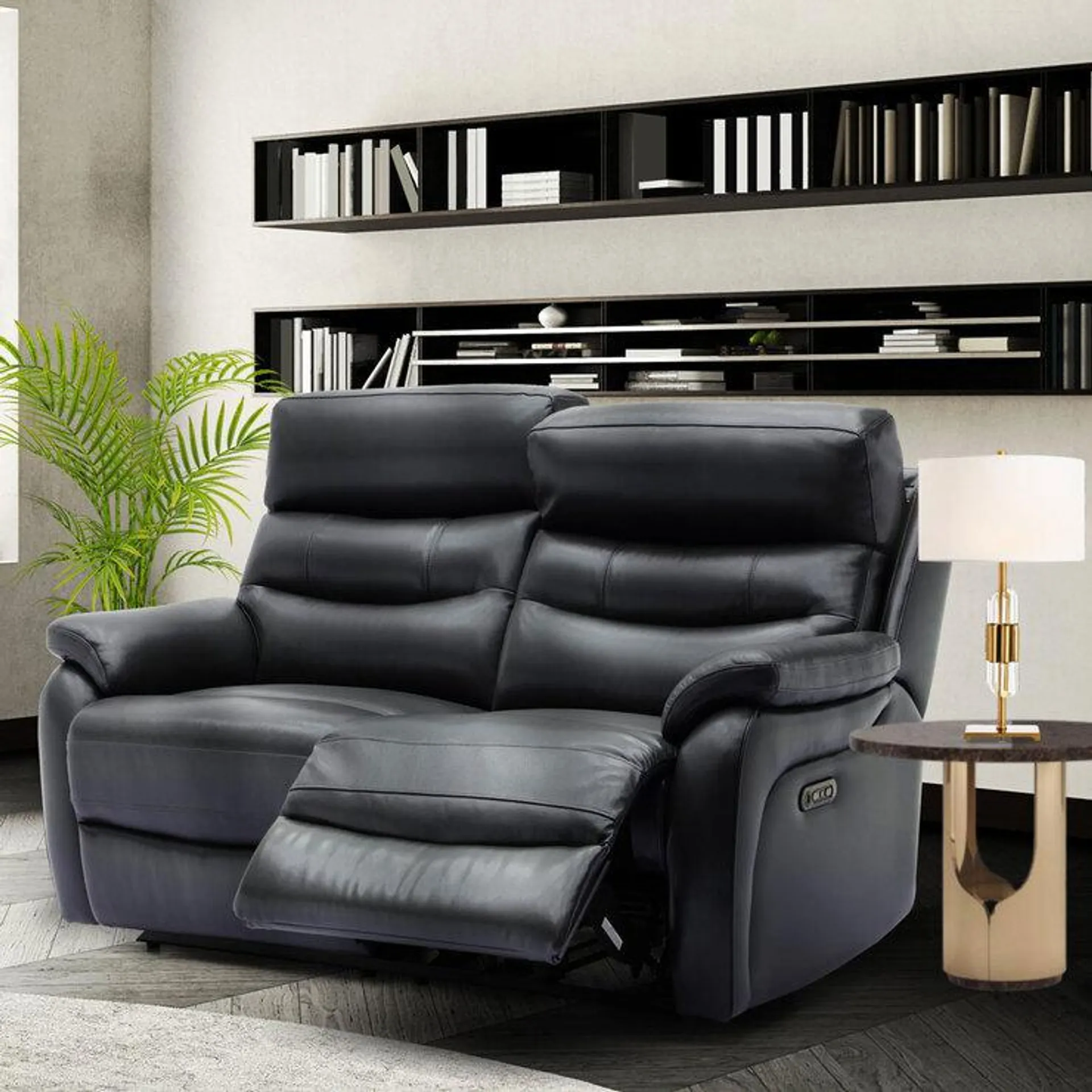 Fletcher Dark Grey Leather Power Reclining 2 Seater Sofa with Power Headrest