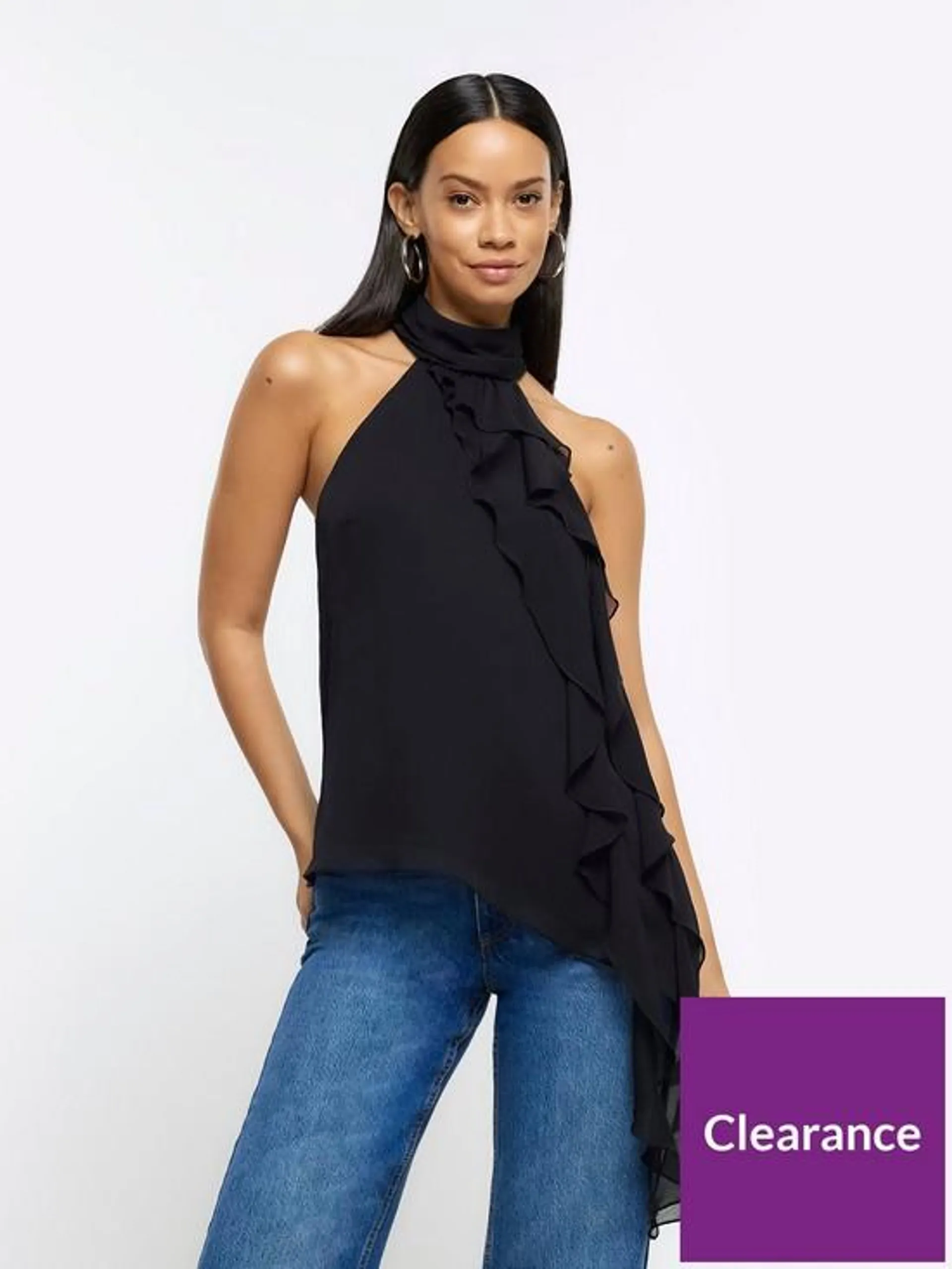 Frill Detail Halterneck Top - Black