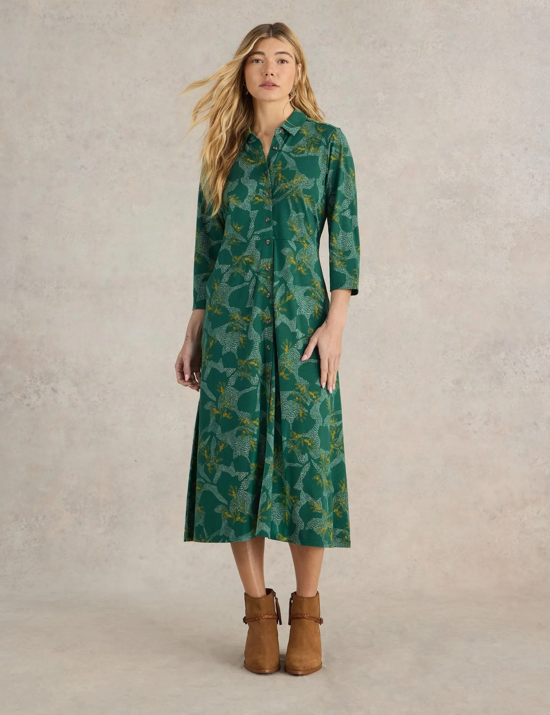 Cotton Blend Jersey Printed Midi Shirt Dress