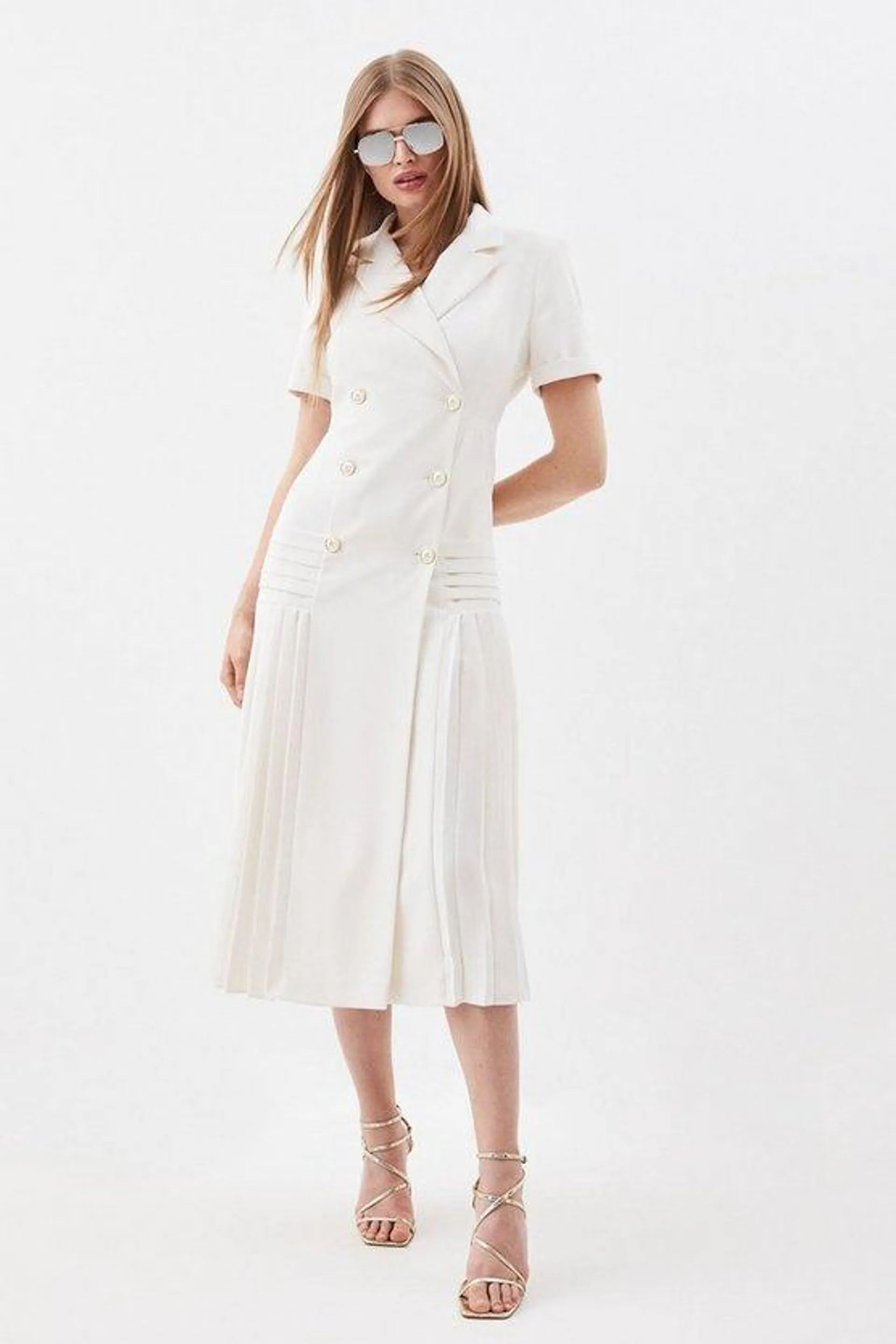 Pleated Button Detailed Woven Midi Dress