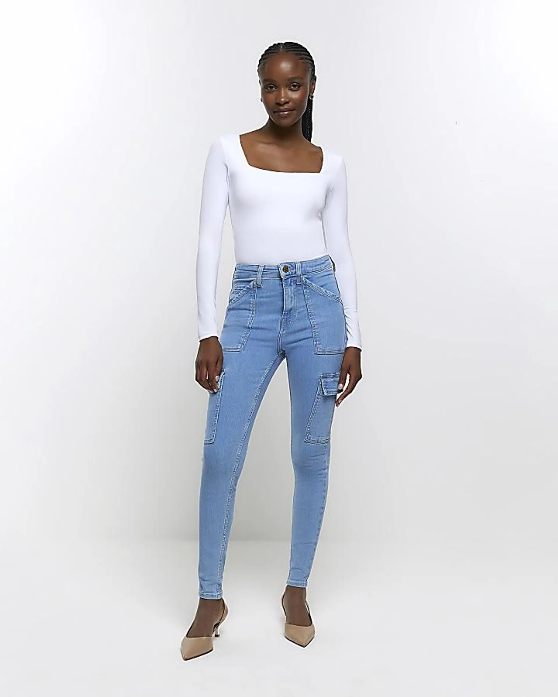 Blue high waisted skinny cargo jeans