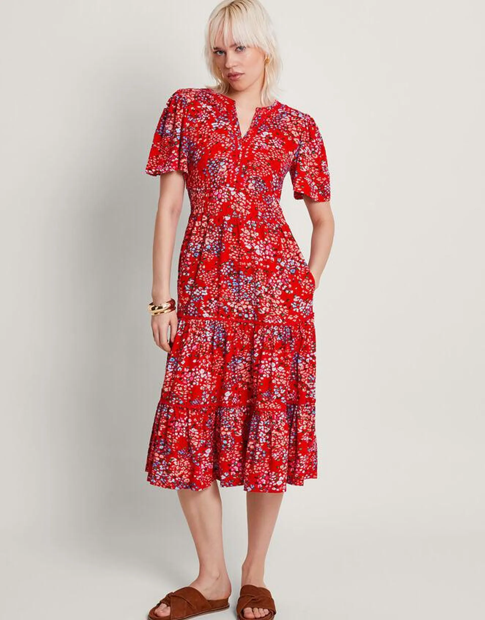 Micola Print Tiered Dress Red