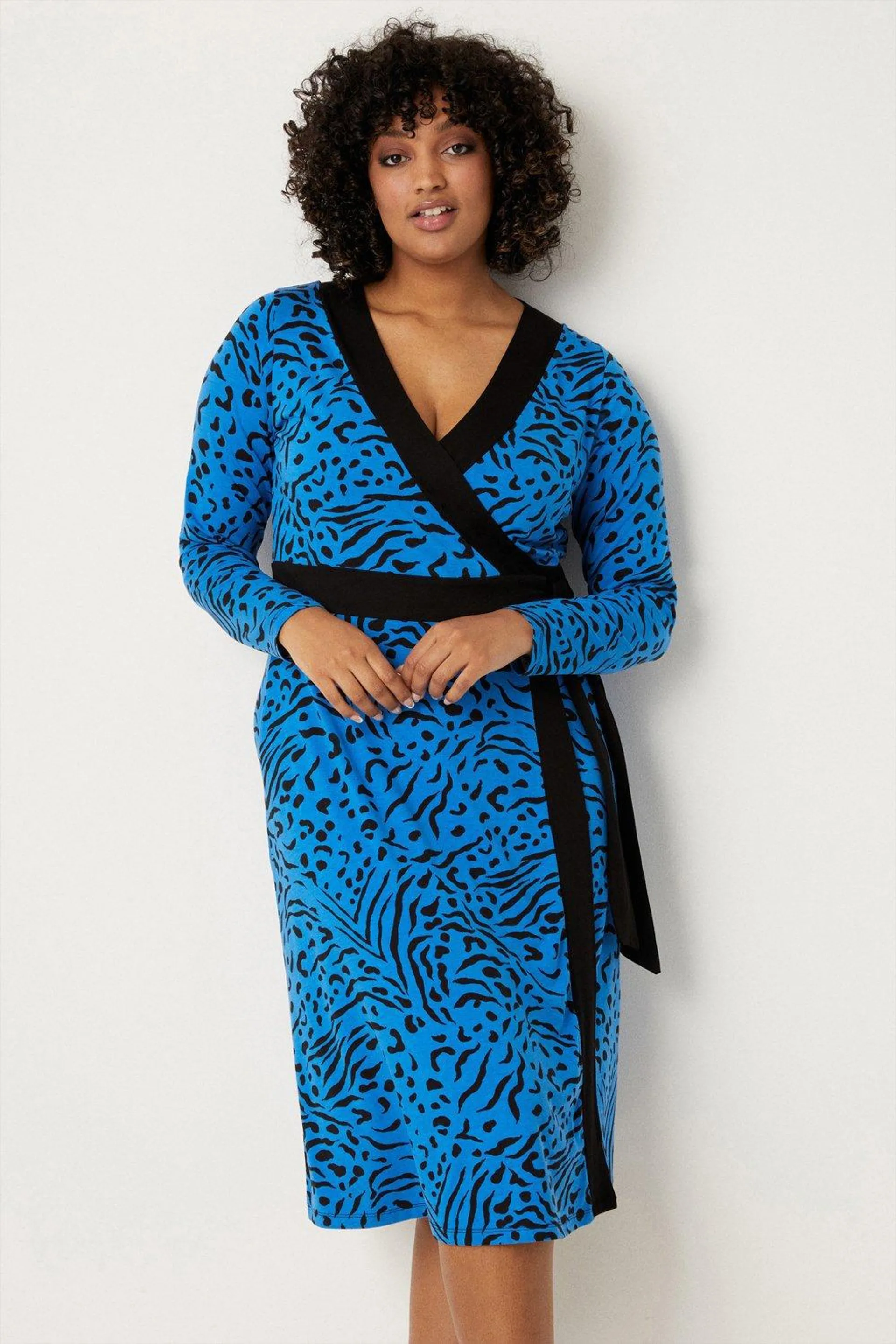 Curve Blue Animal Jersey Wrap Belted Midi Dress