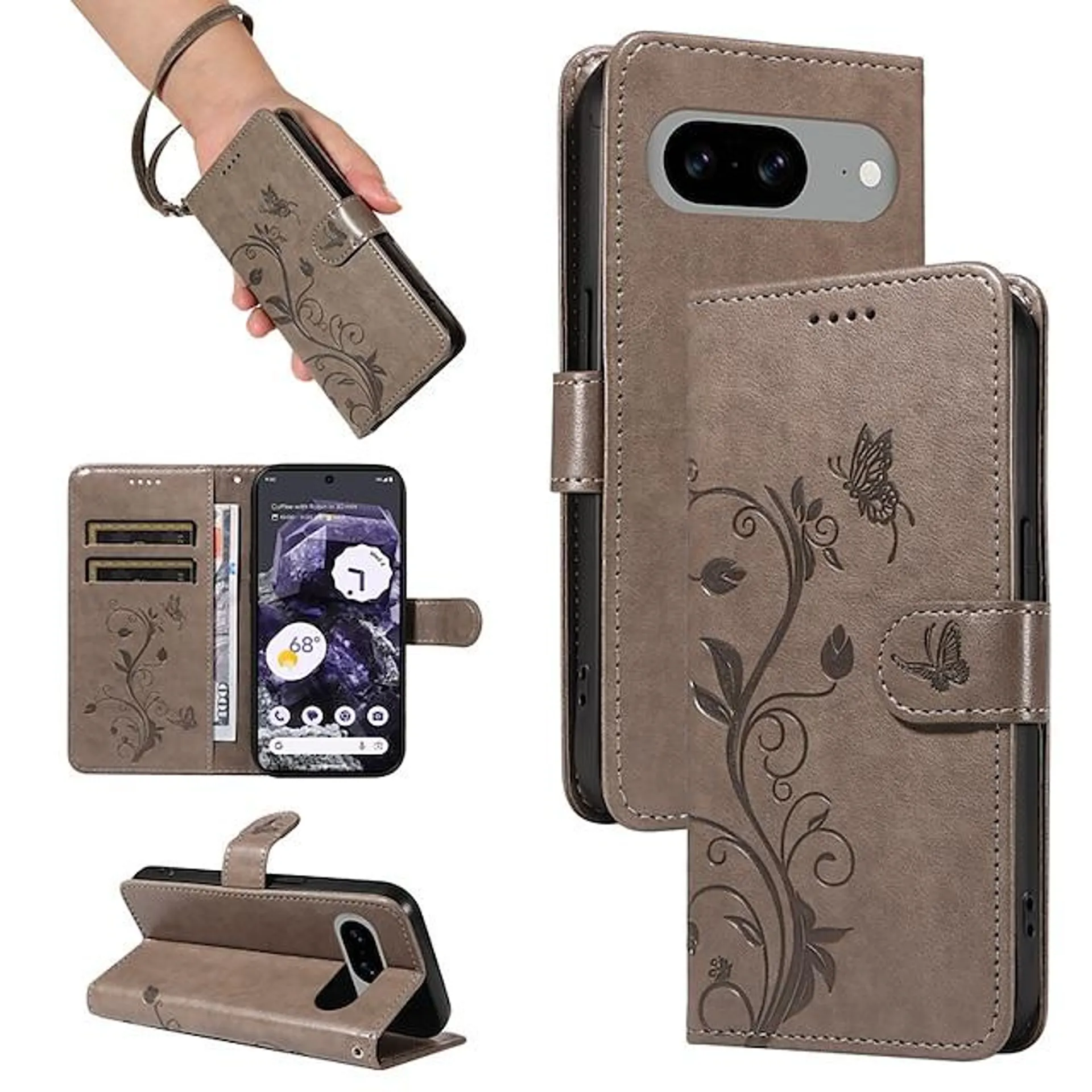 Phone Case For Google Pixel 8 Pro Pixel 7 Pixel 6 Wallet Case Embossed Full Body Protective with Wrist Strap Tree Butterfly TPU PU Leather