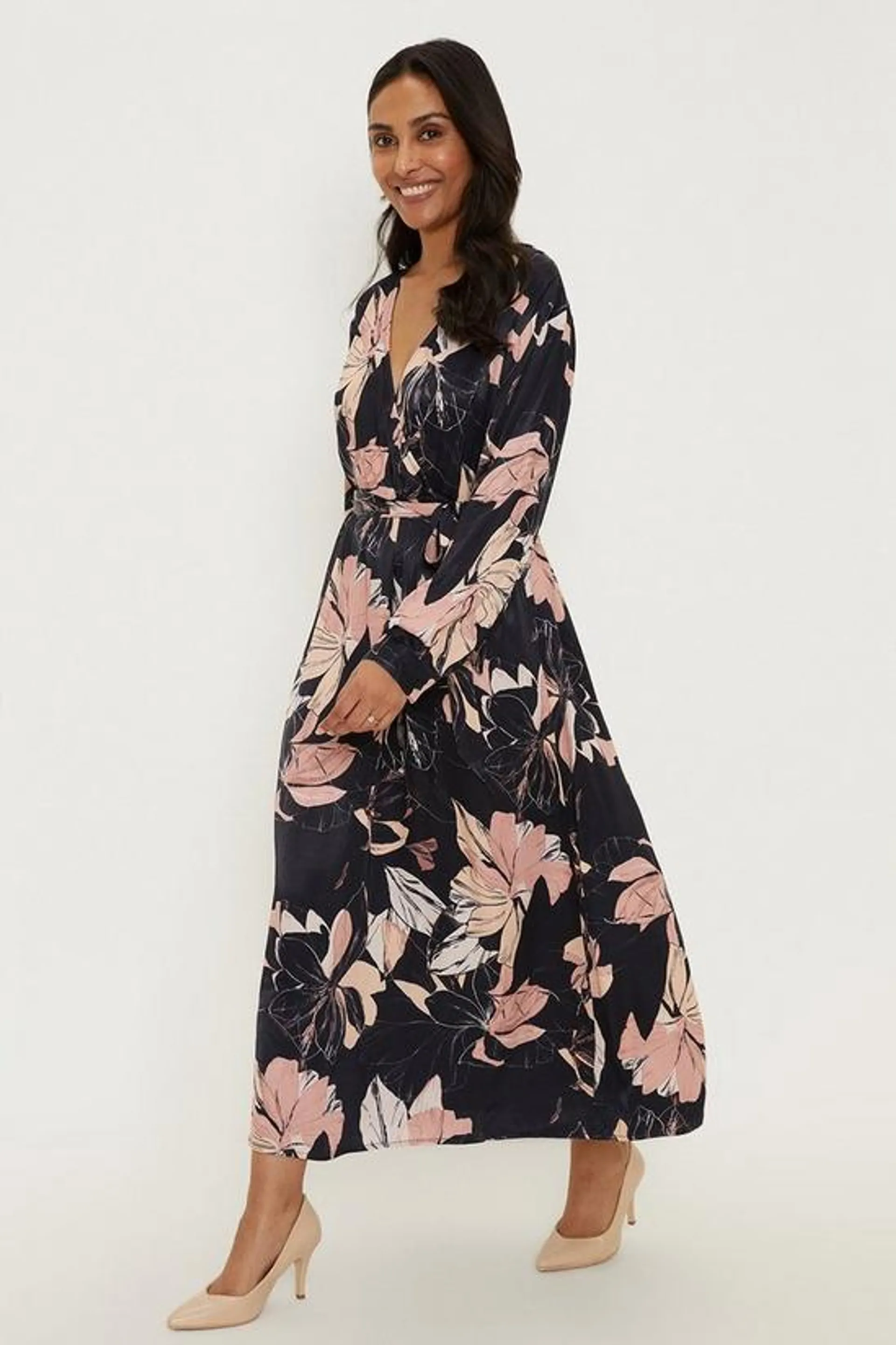 Petite Printed Viscose Satin Wrap Belted Midi Dress