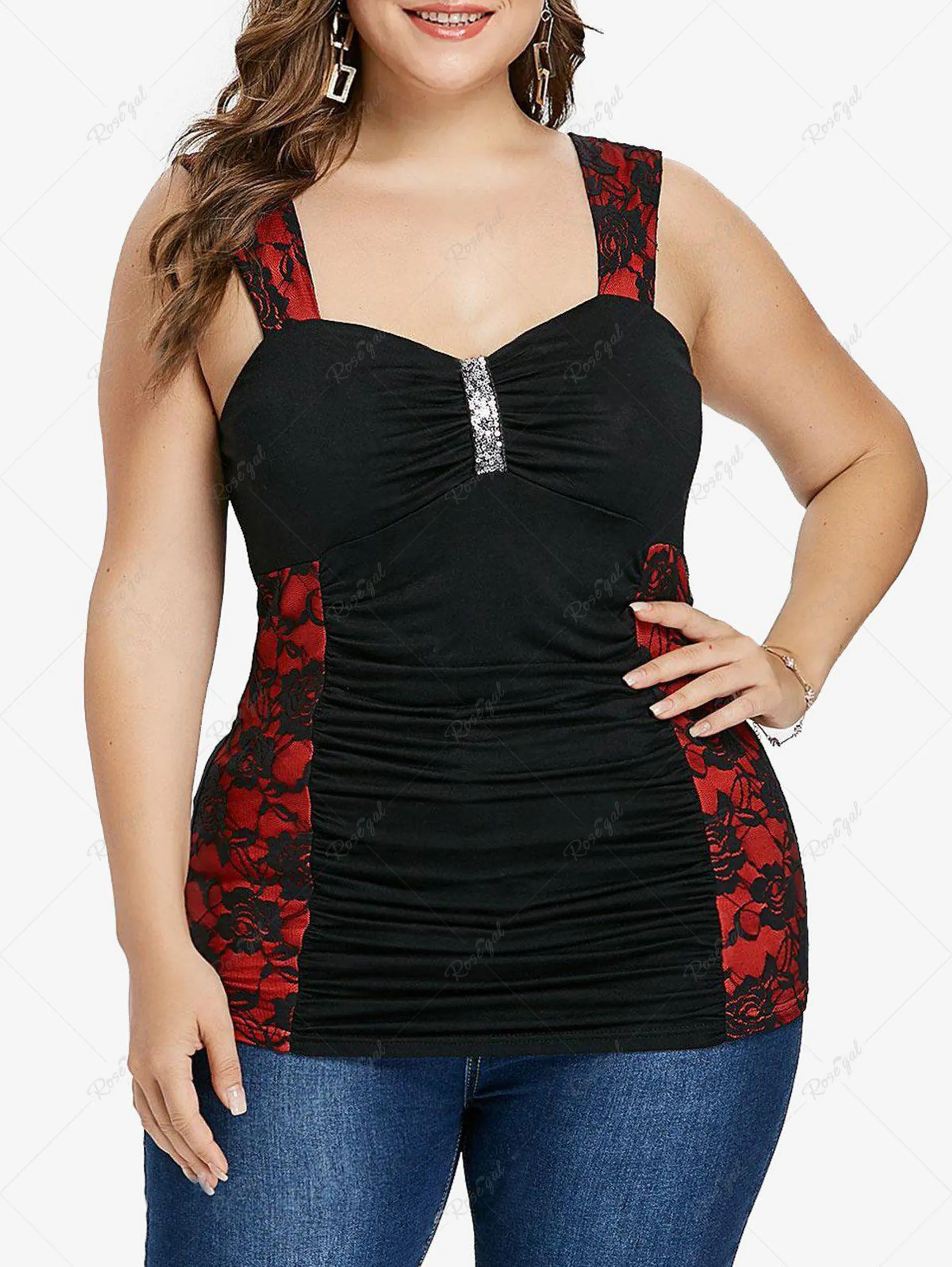 Plus Size Sparkling Sequins Panel Ruched Floral Tank Top - 3x | Us 22-24