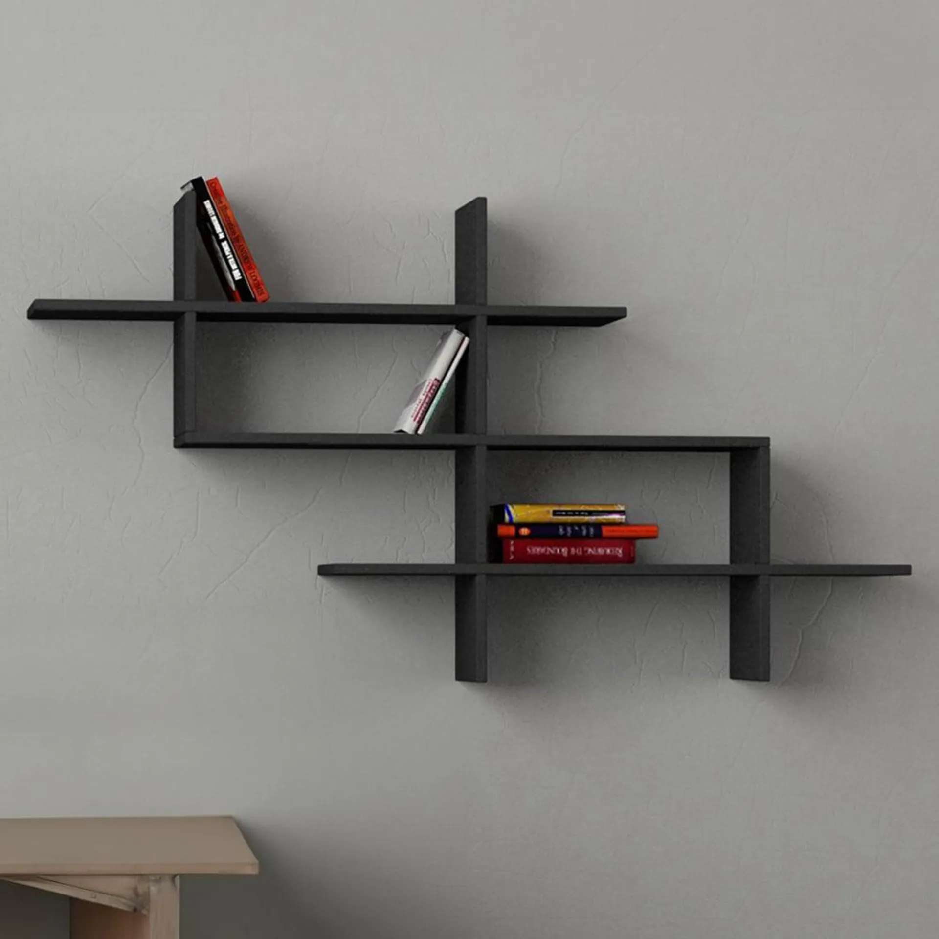 Decortie Halic 3 Shelf Anthracite Wall Mounted Bookcase