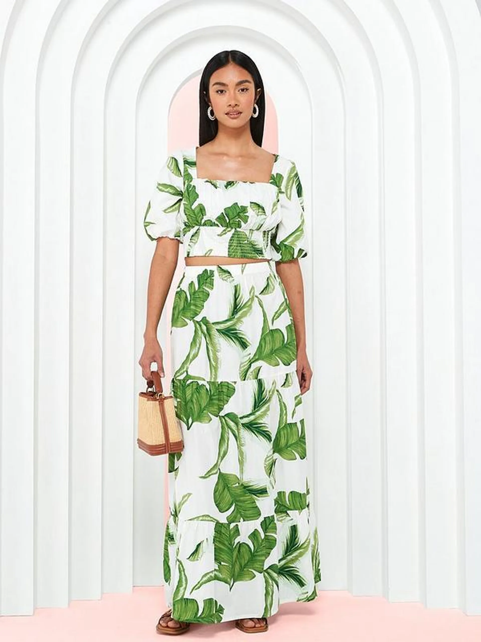 Tiered Co Ord Maxi Skirt - Green/White