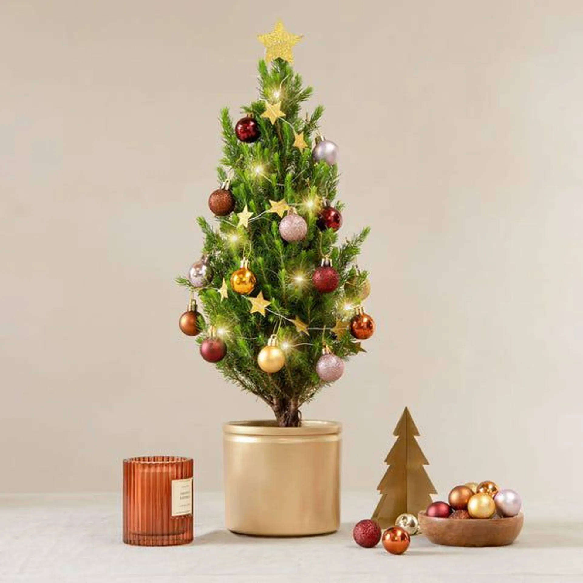 Mini Christmas Tree with Copper and Gold Decorations in Ceramic Pot