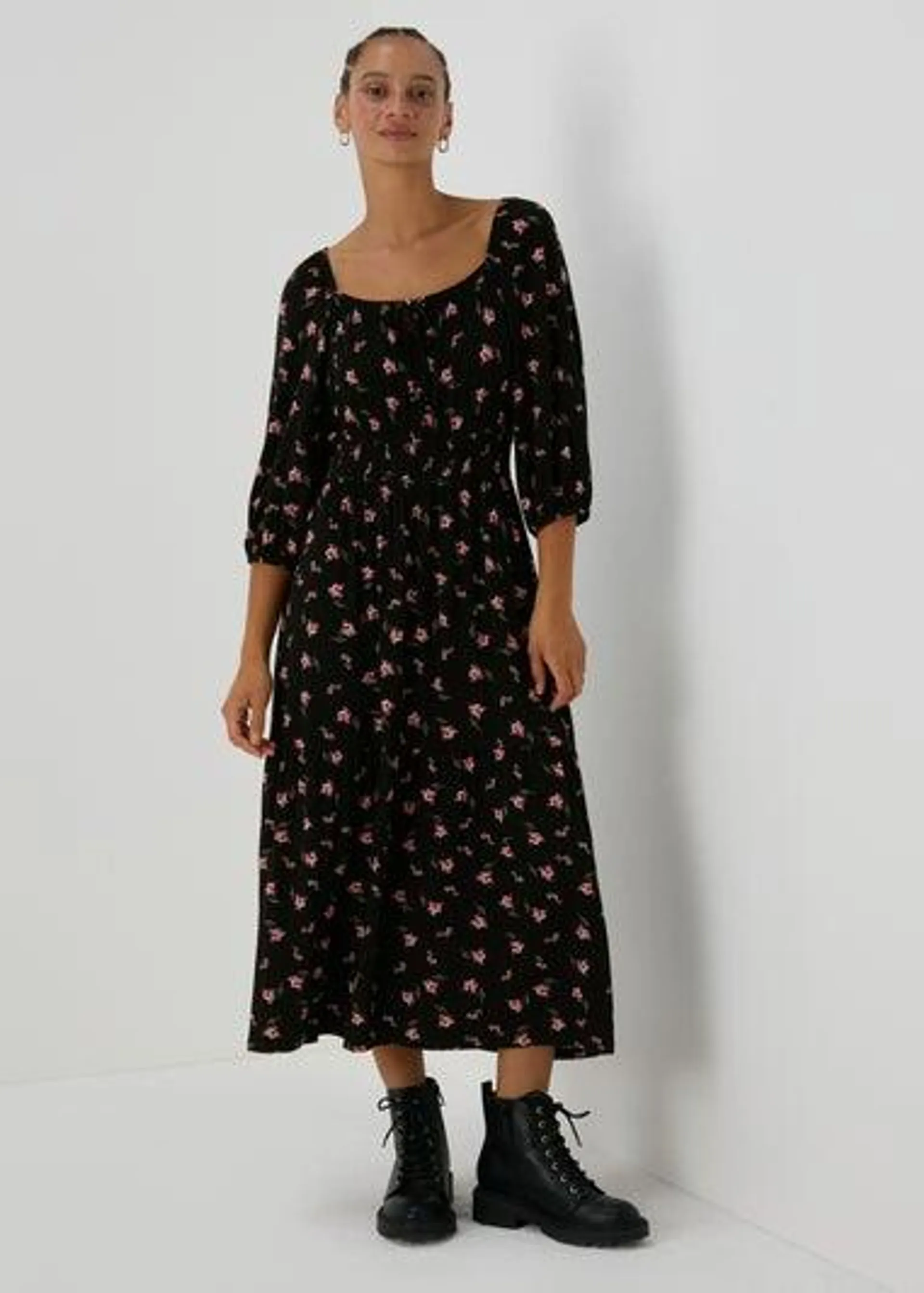 Black Floral Shirred Midi Dress