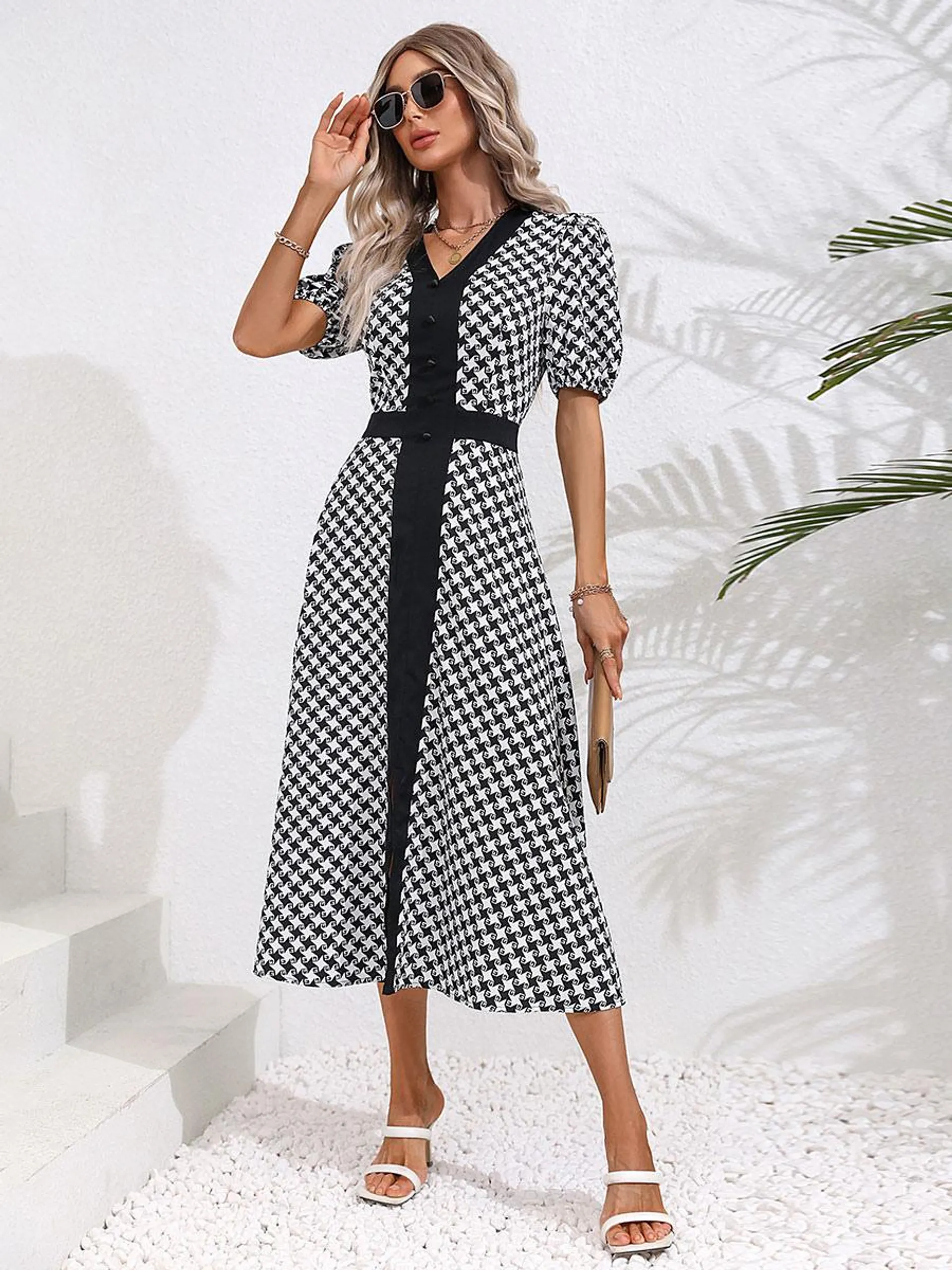 Summer Dress Midi Dress Black V-Neck Split Front Geometric Beach Dress