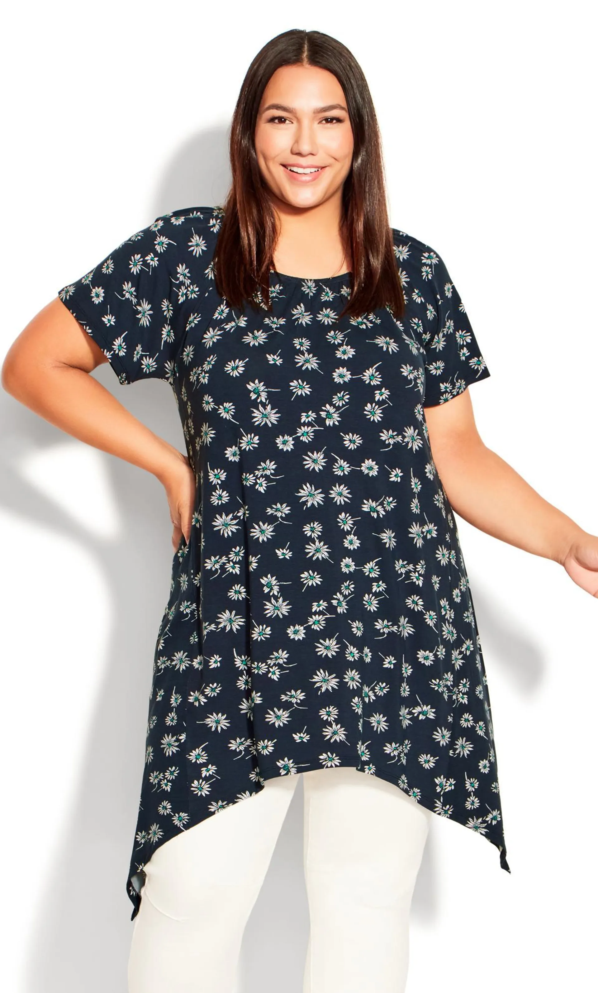 Evans Blue Flower Print Longline Tunic Top