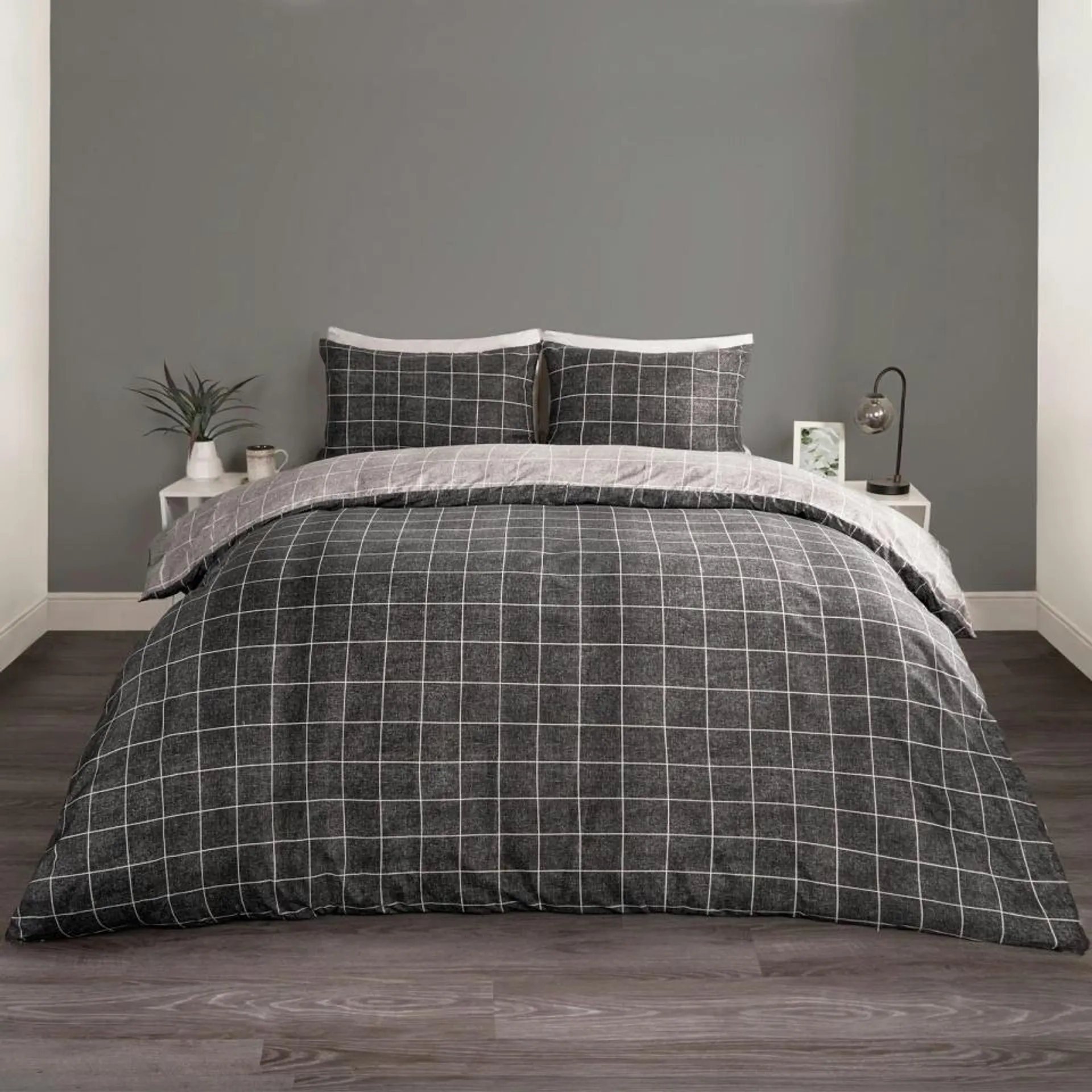 OHS Line Check Print Reversible Microfibre Duvet Cover Bedding Set, Super King - Black/Charcoal