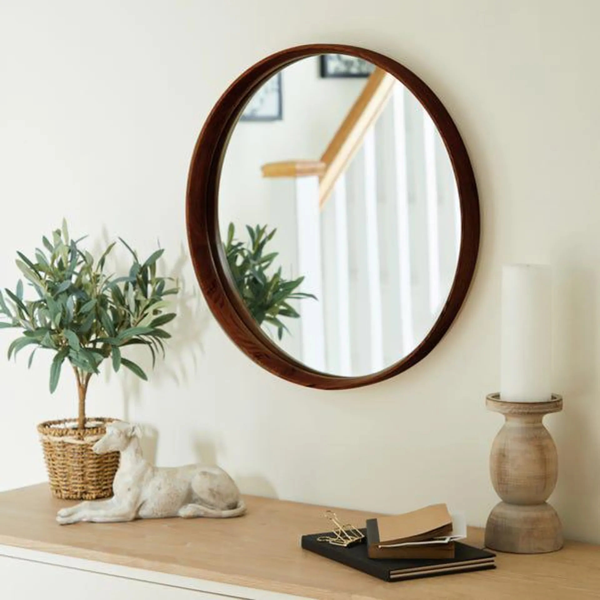 Elements Round Wall Mirror, Solid Oak 55cm