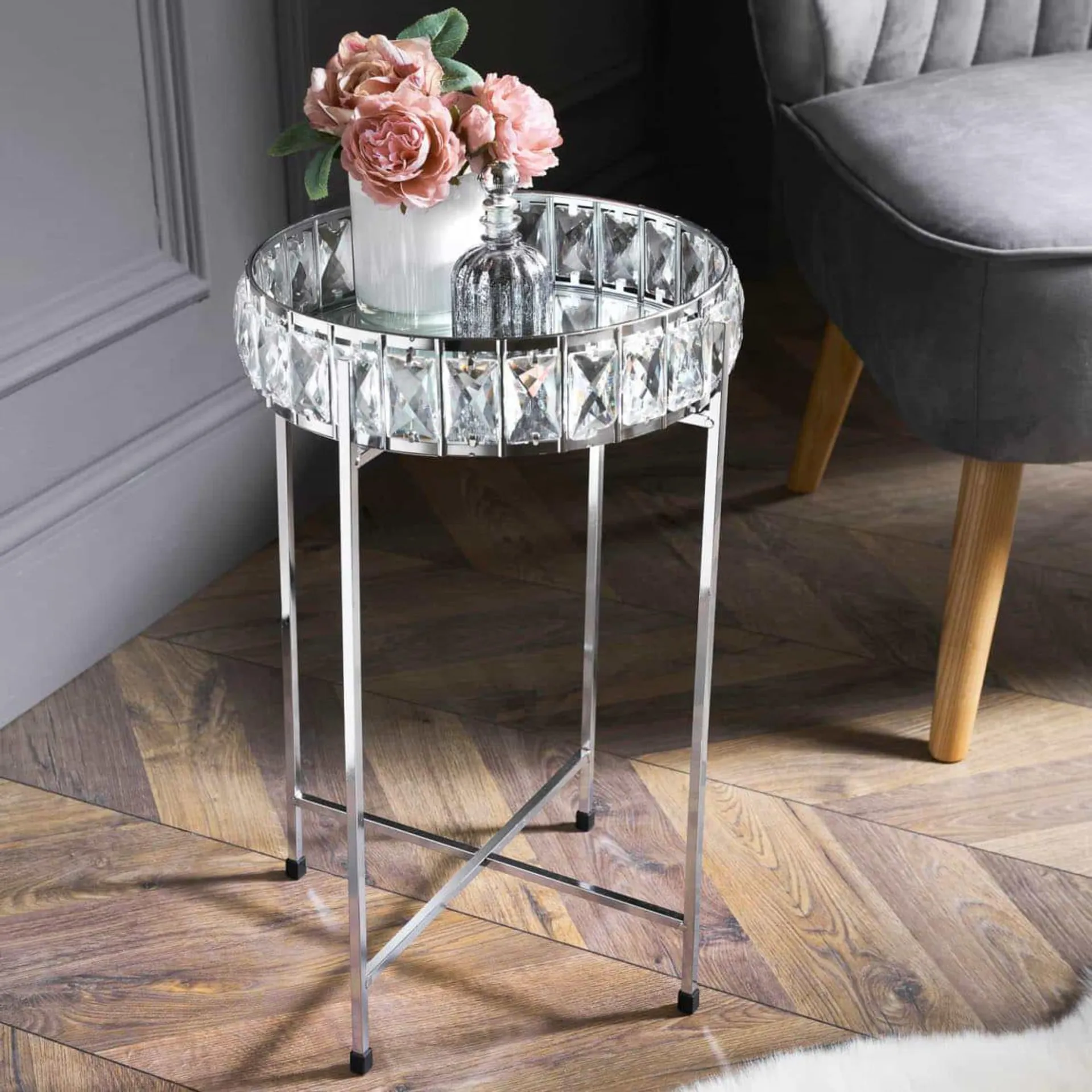 Karina Bailey Silver Crystal Mirrored Tray Table