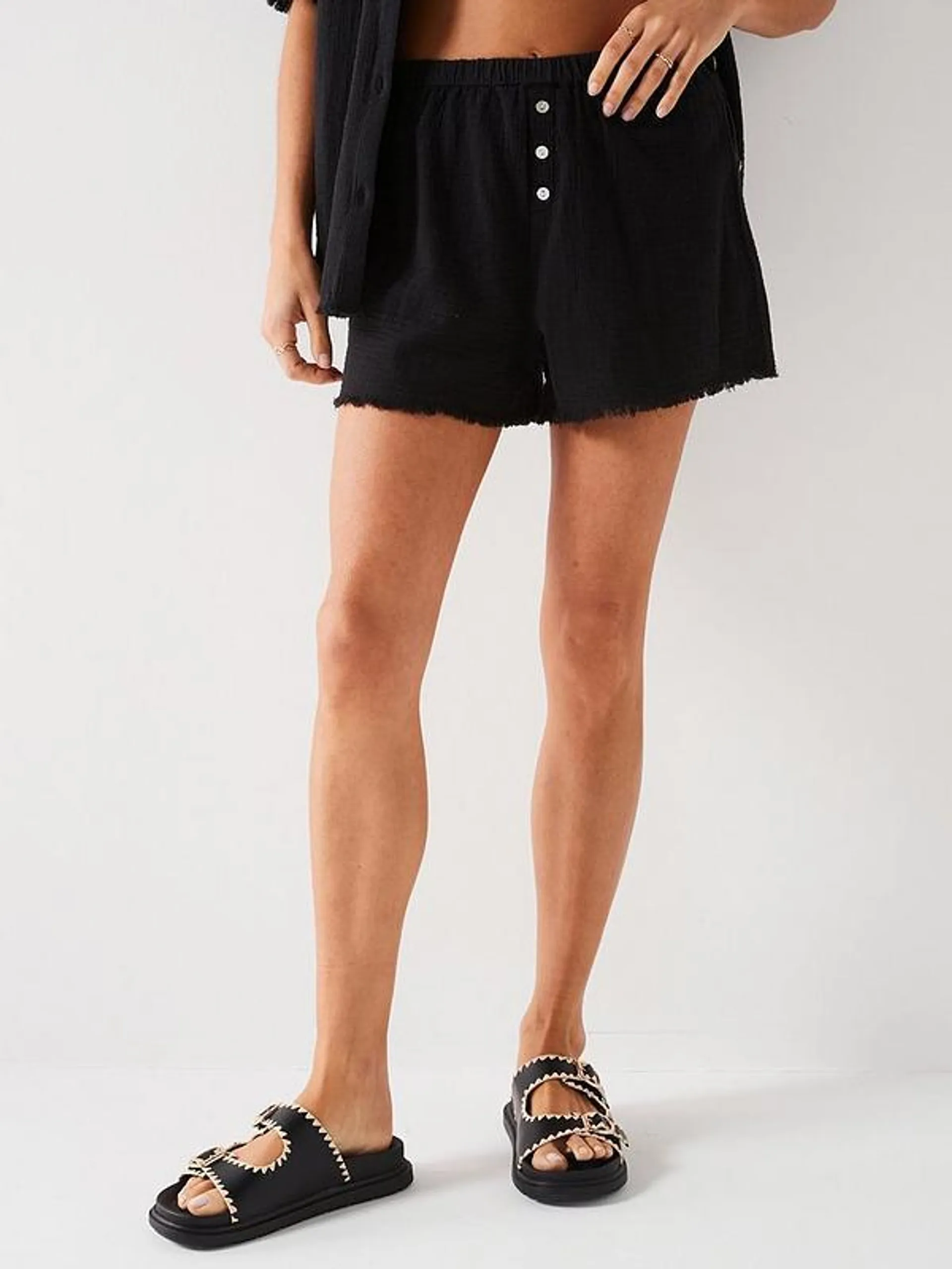 Frayed Hem Beach Shorts - Black