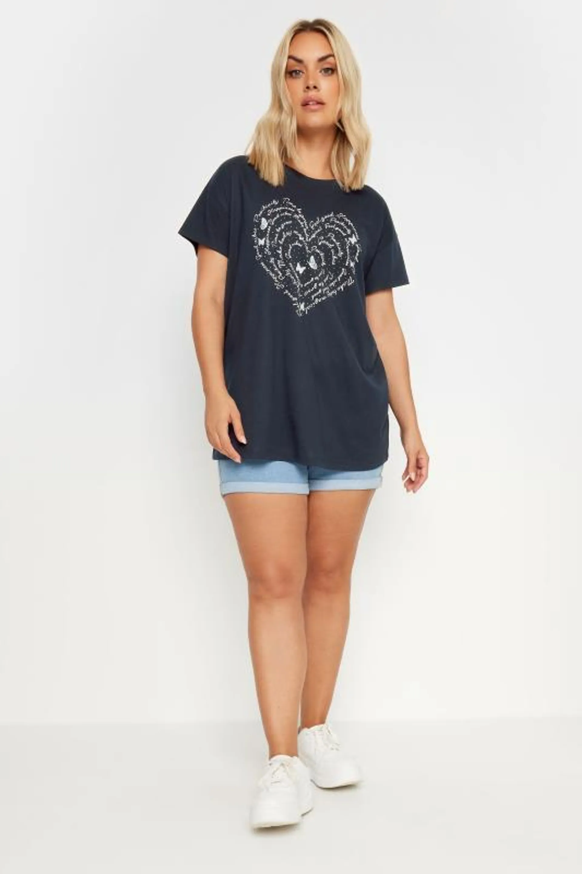 YOURS Curve Navy Blue Positivity Heart Print T-Shirt