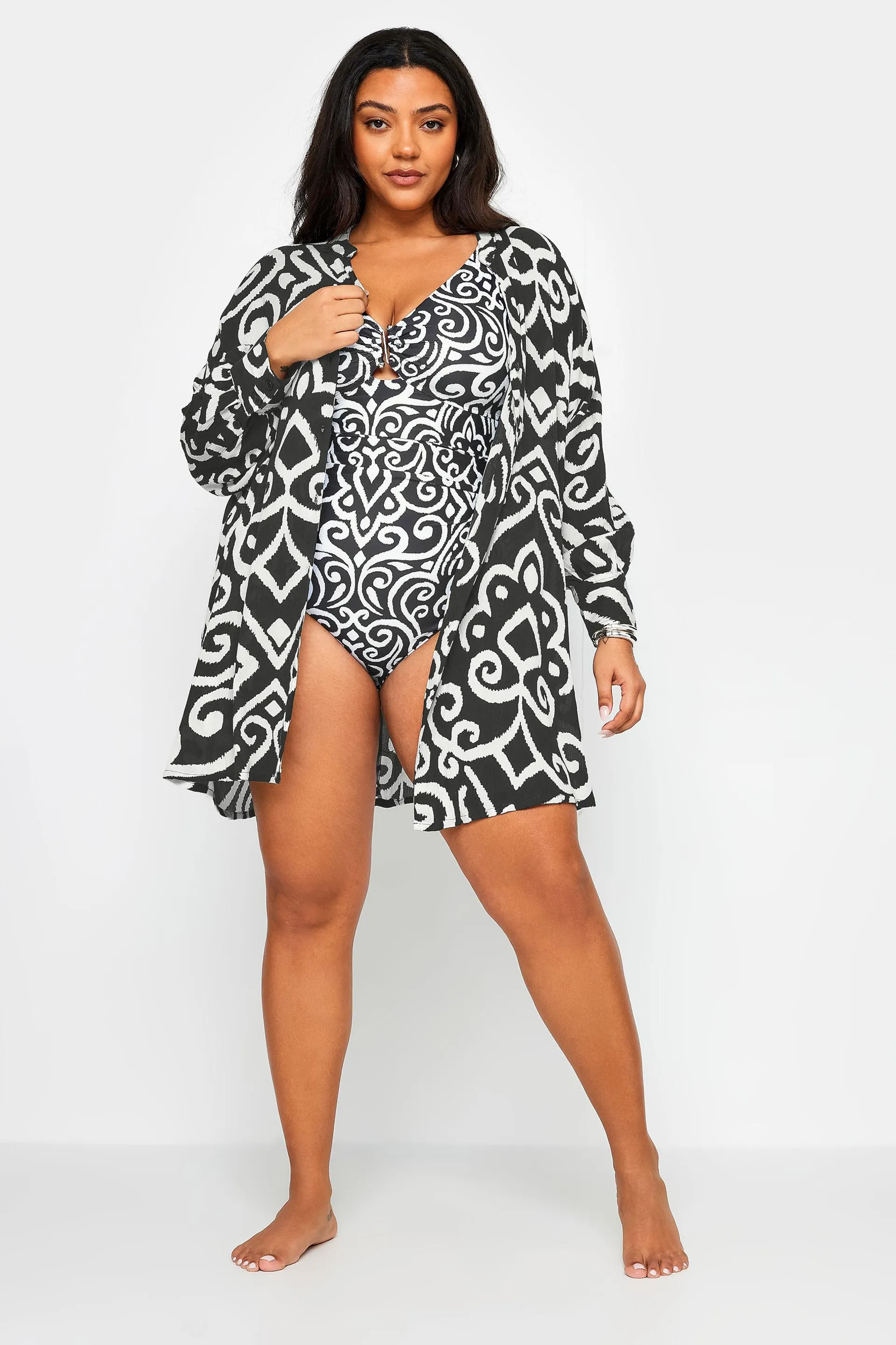 YOURS Curve Black Abstract Print Crinkle Beach Shirt