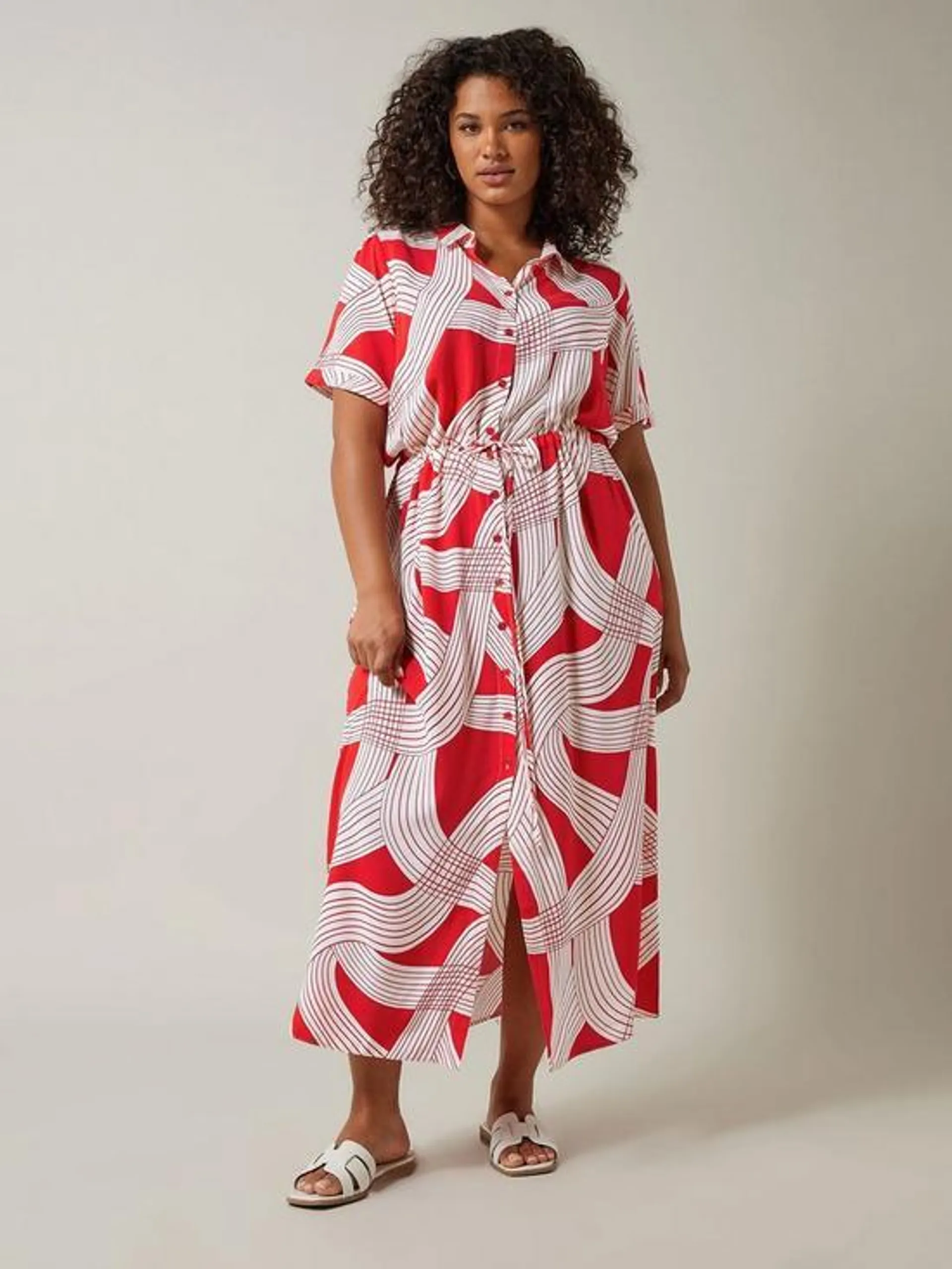 Linear Print Shirt Dress Red Ecru