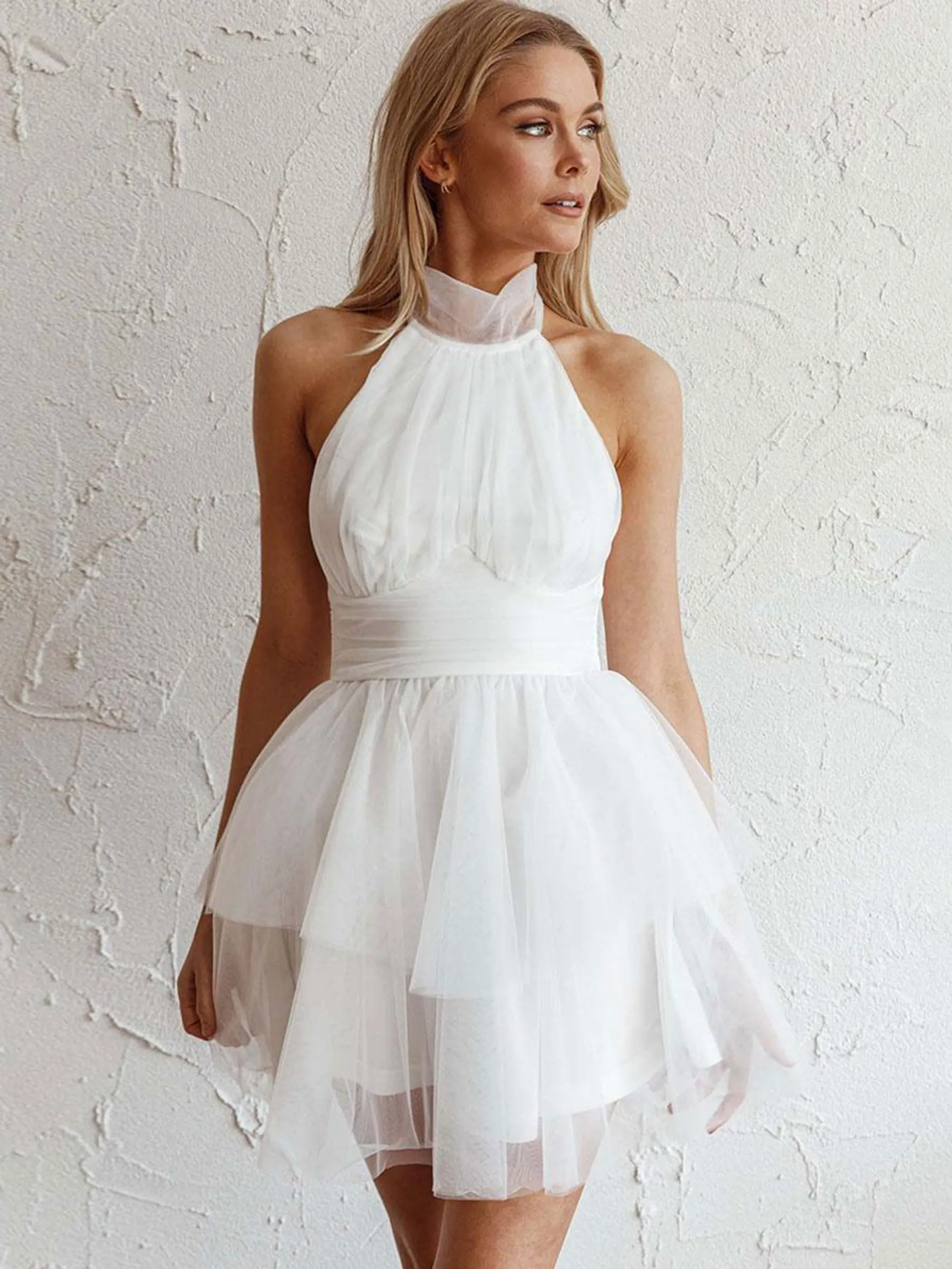 Party Dresses White High Collar Pleated Sleeveless Layered Semi Formal Dress