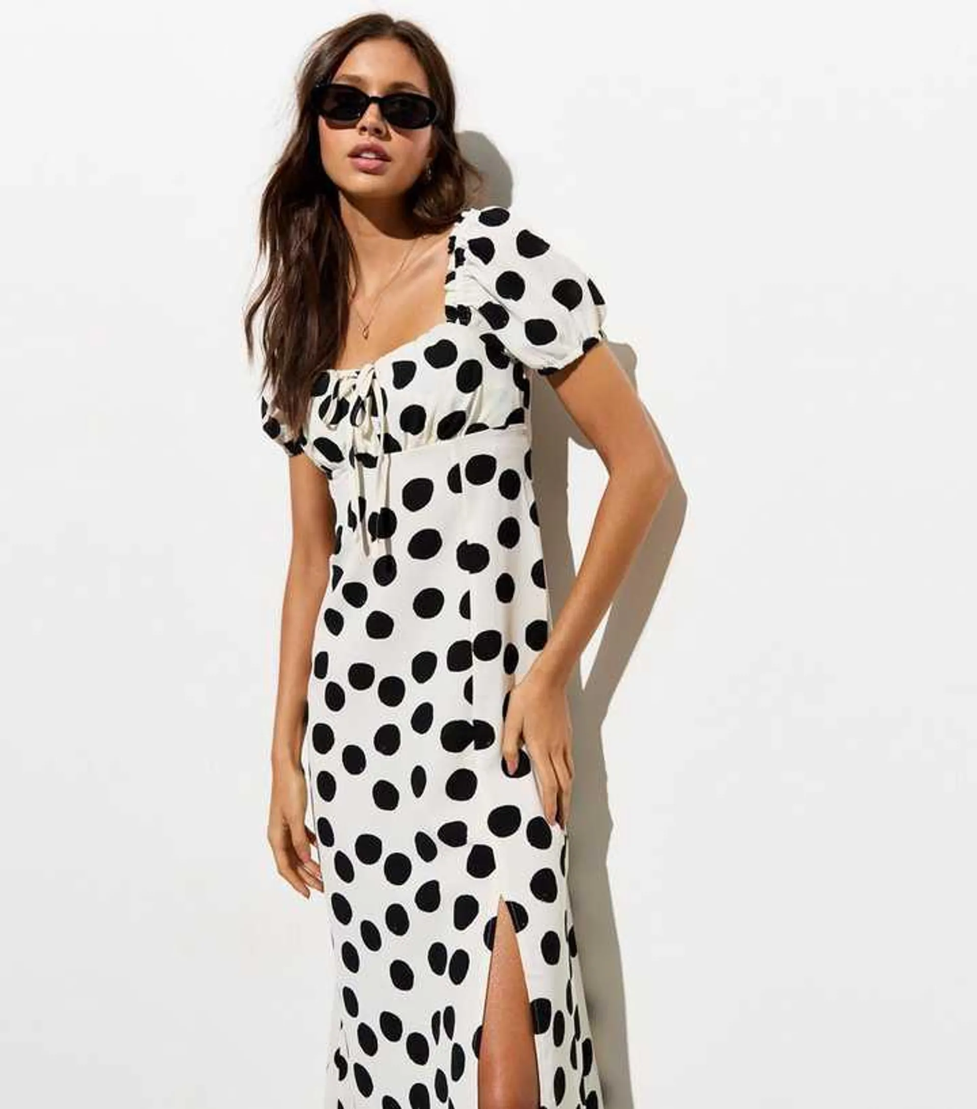 White Spot Print Short Sleeve Midi Dress