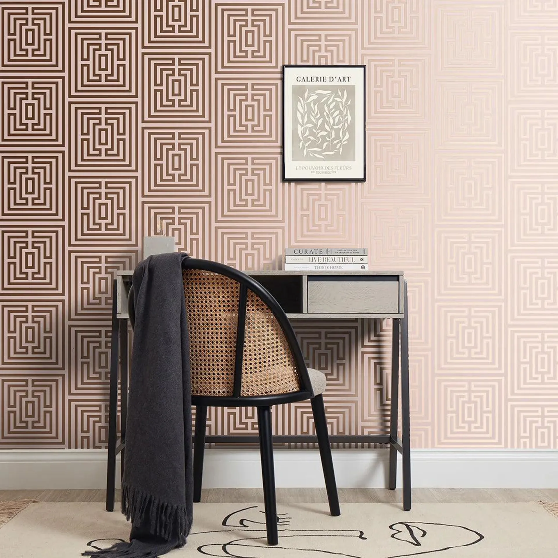 Maze Geometric Wallpaper in Blush Pink and Rose Gold