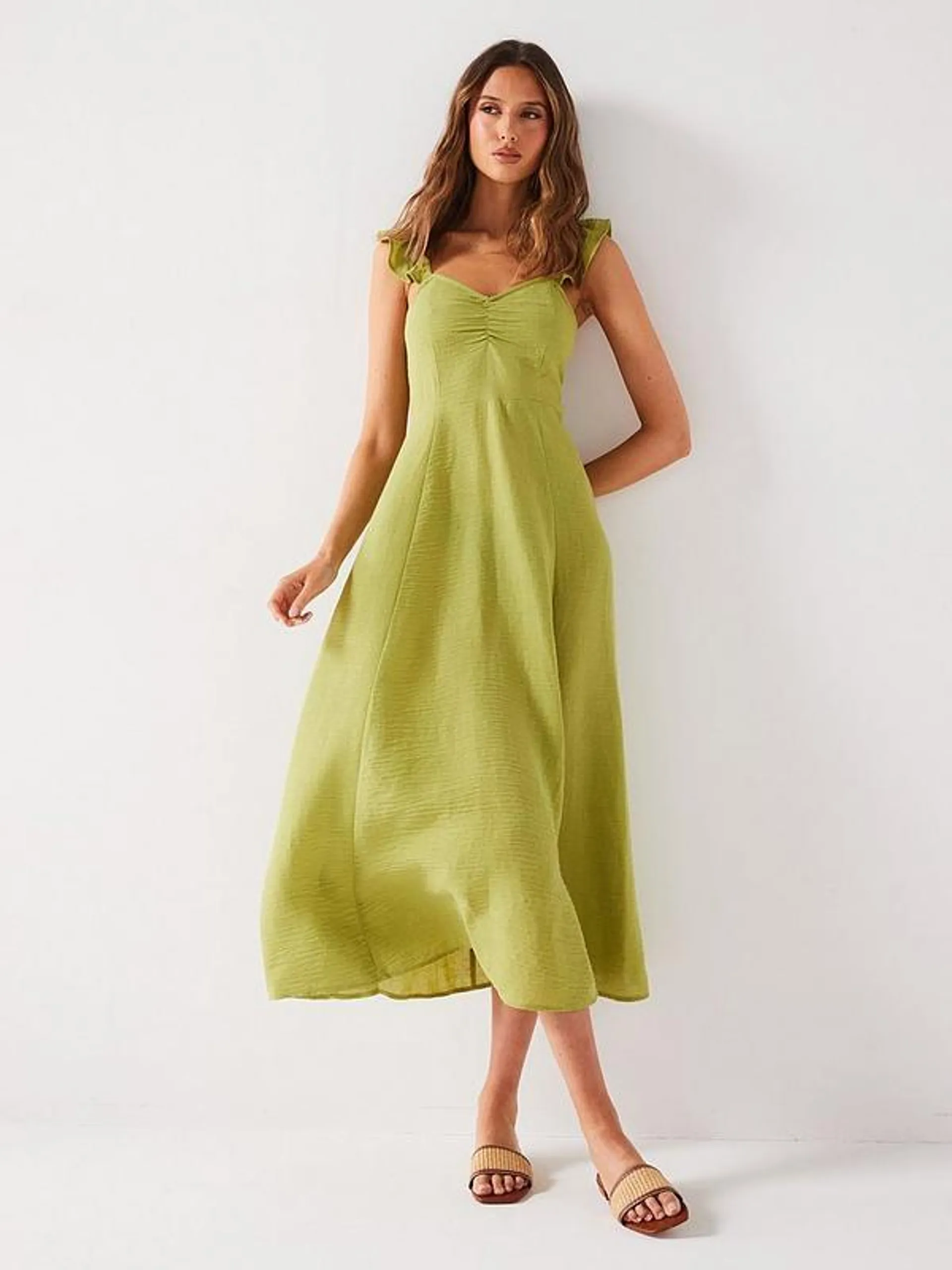 Frill Sleeve Midaxi Dress - Green