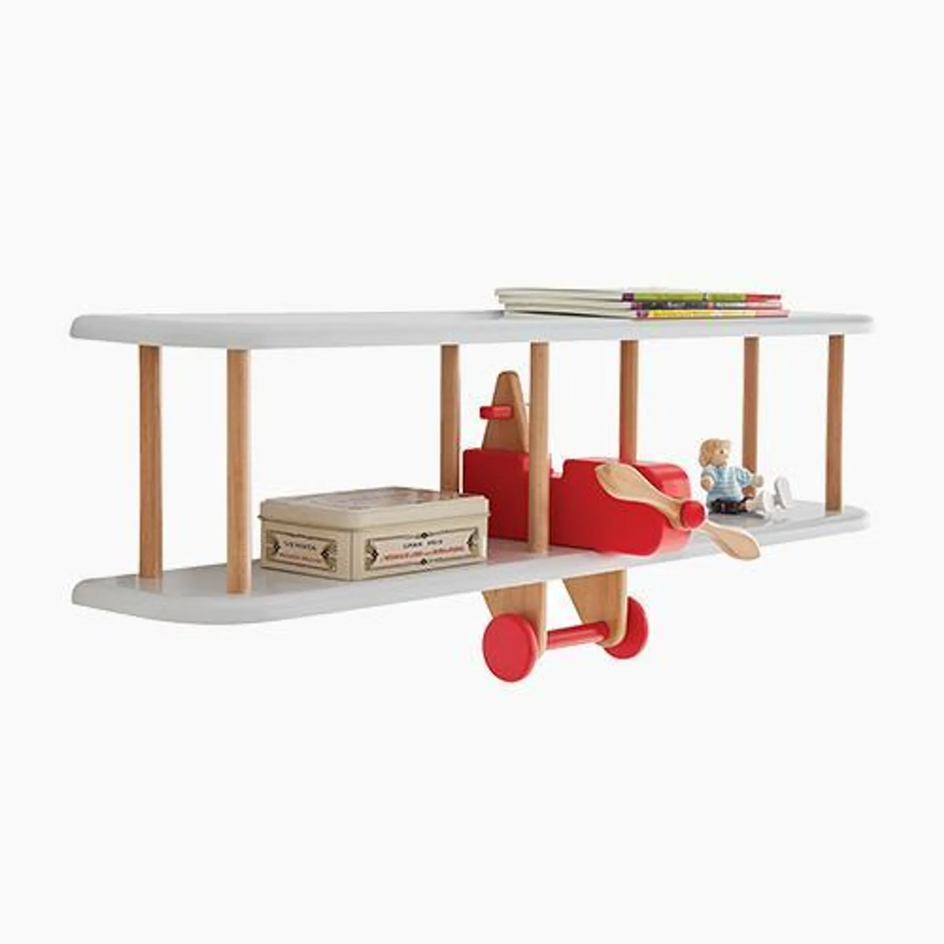 Floating Wooden Bi-Plane Shelf in Red & White