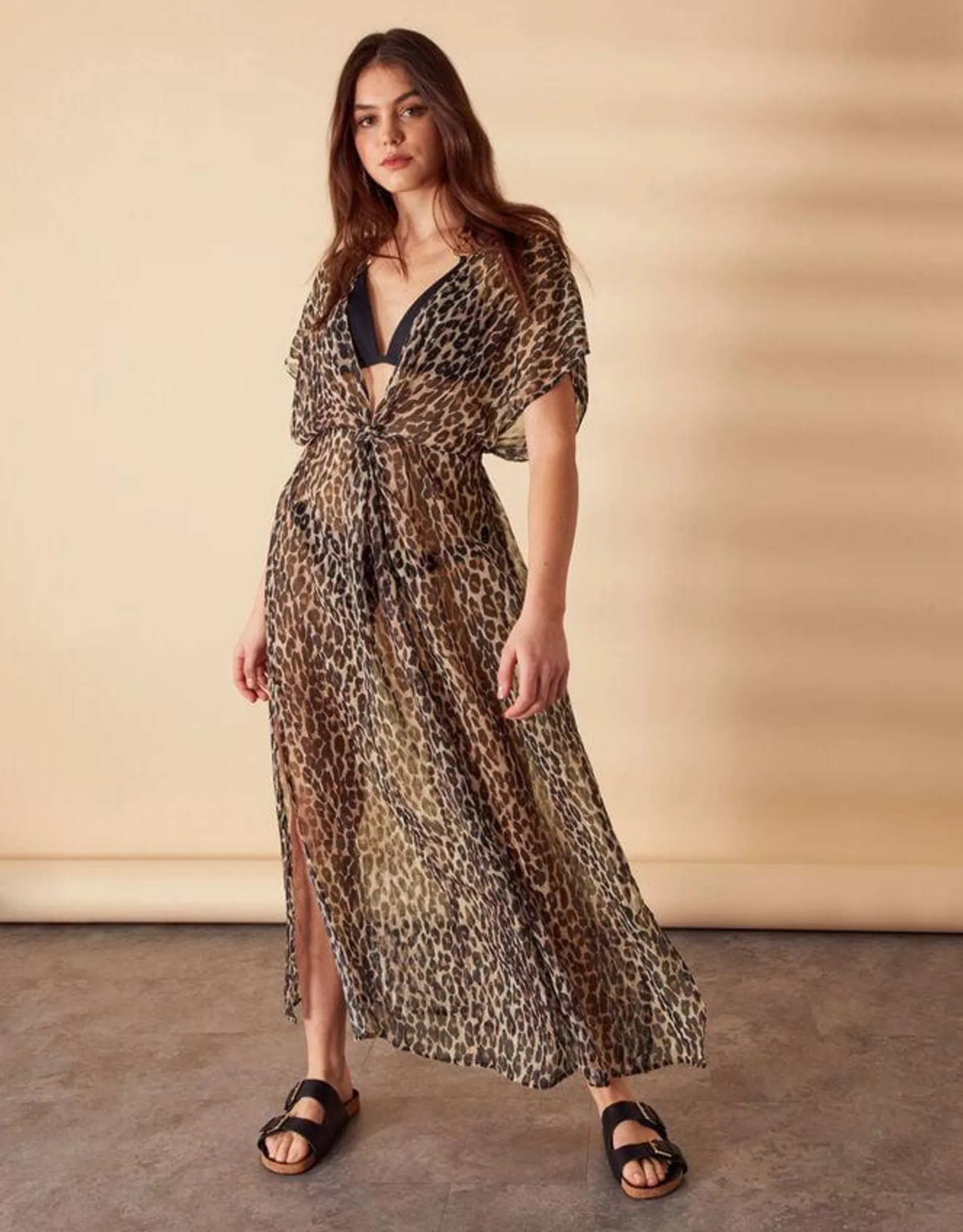 Leopard Print Chiffon Maxi Kaftan in Recycled Polyester Brown