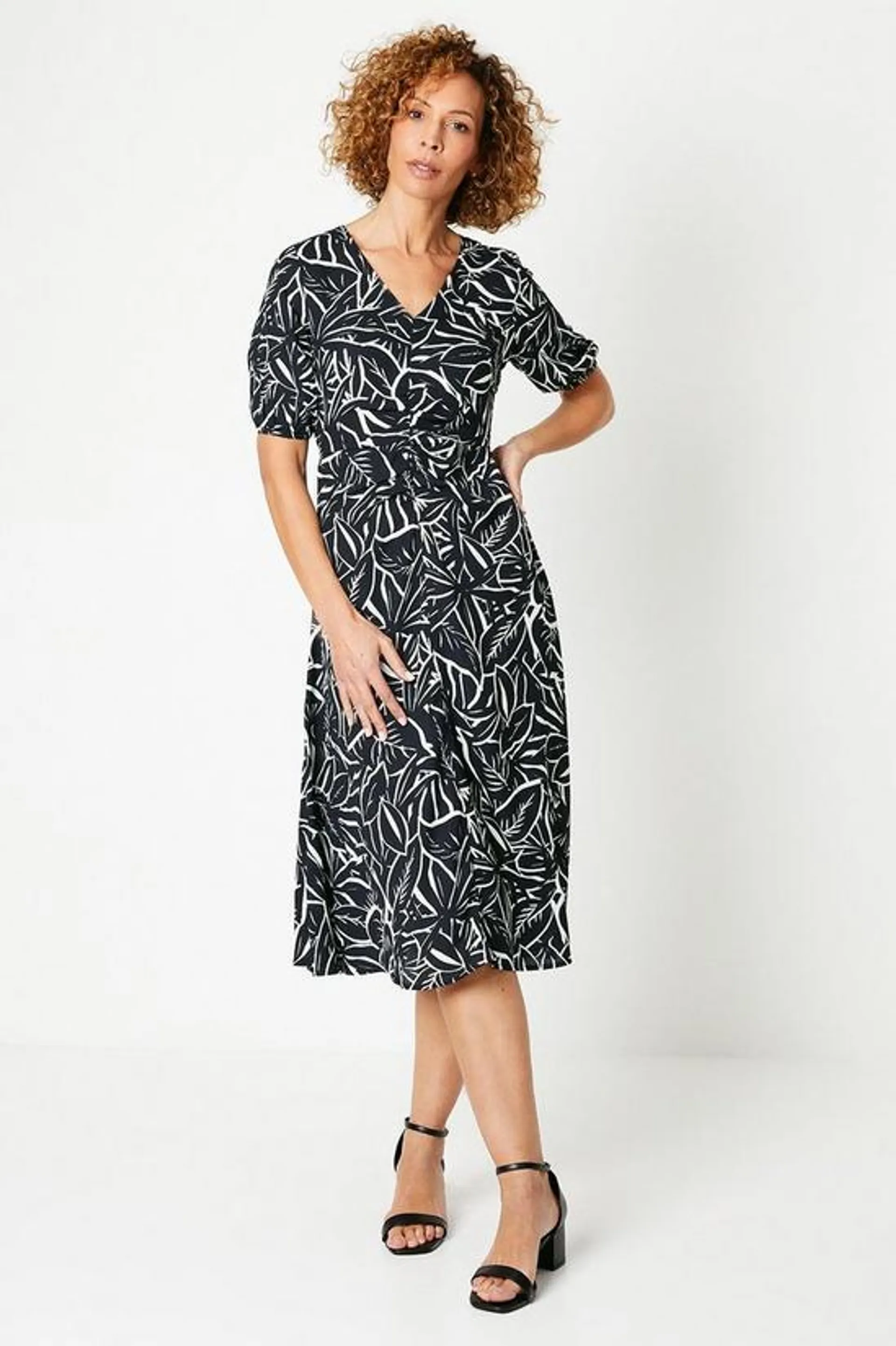 Floral Print V Neck Ruched Front Midi Tea Dress