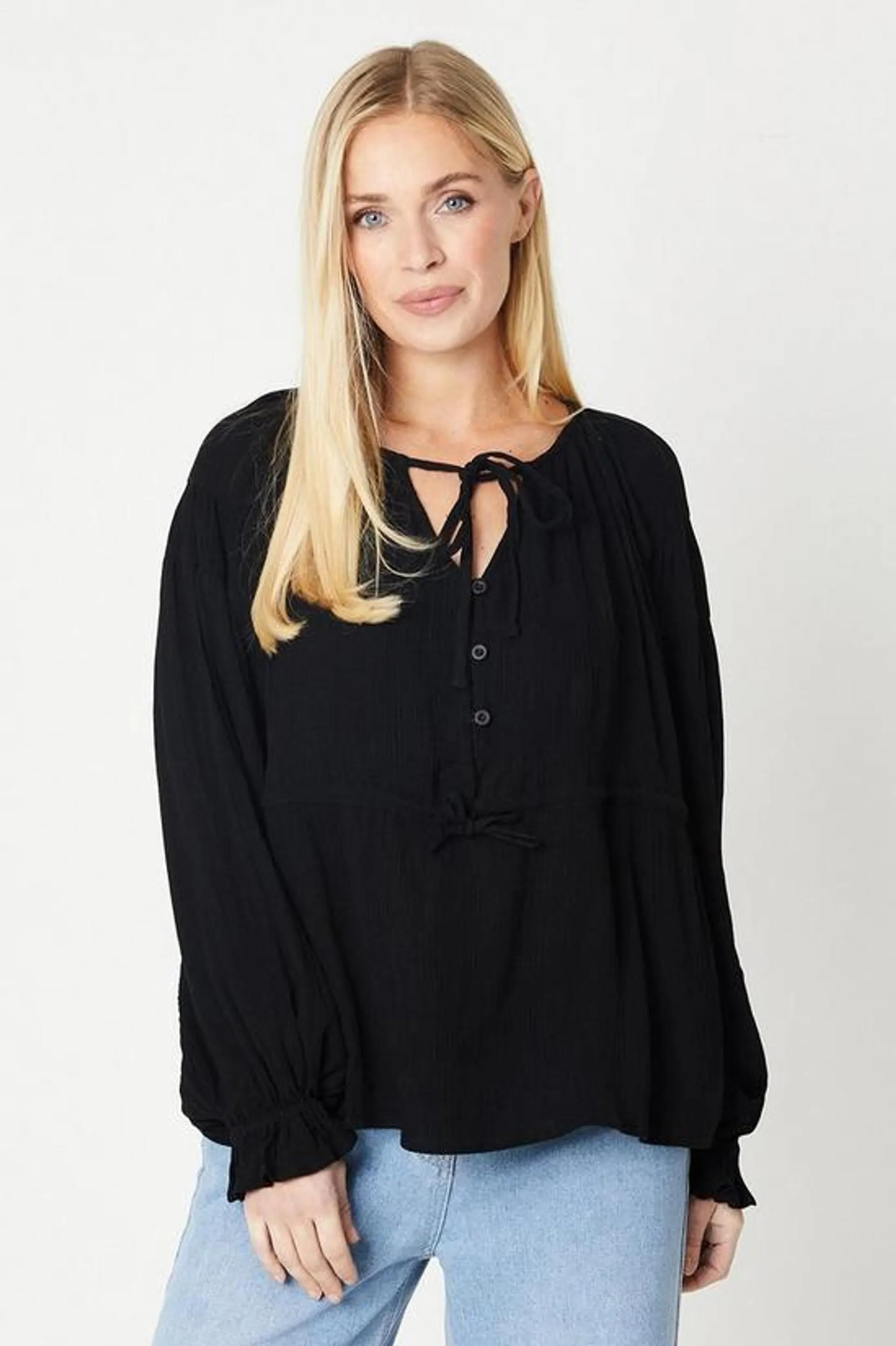 Petite Crinkle Viscose Tie Waist Blouse