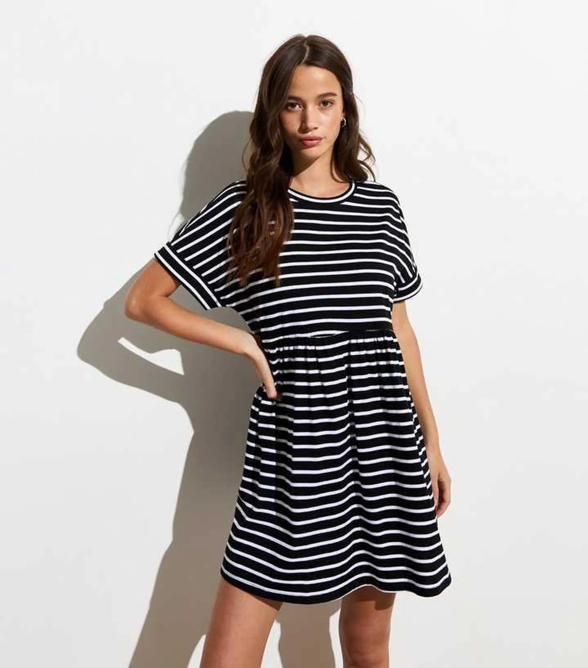 Black Cotton Breton-Stripe Baby Doll Dress