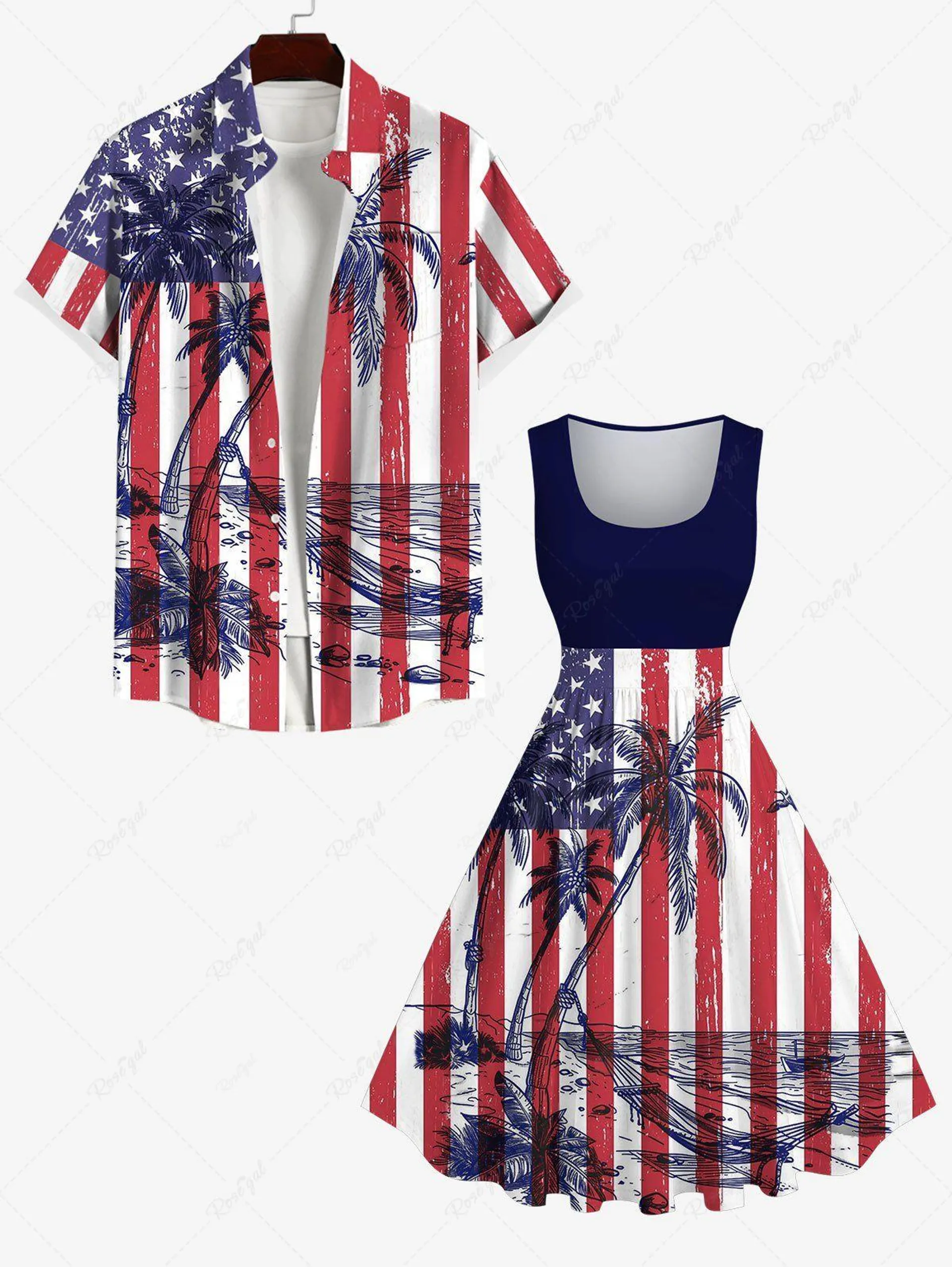 Coconut Tree Sea American Flag Striped Print Plus Size Matching Hawaii Beach Outfit For Couples