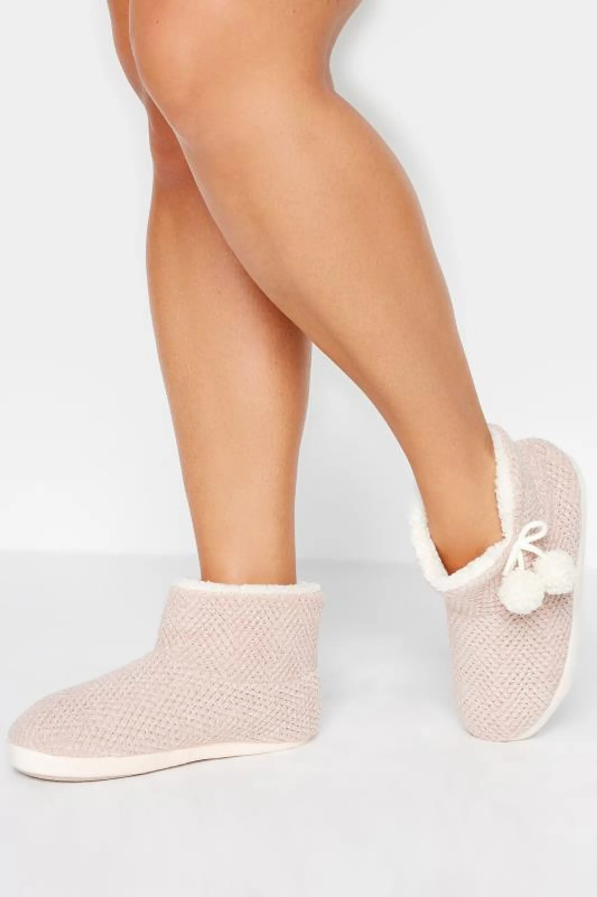 Pink Fluffy Chevron Slipper Boots In Wide E Fit