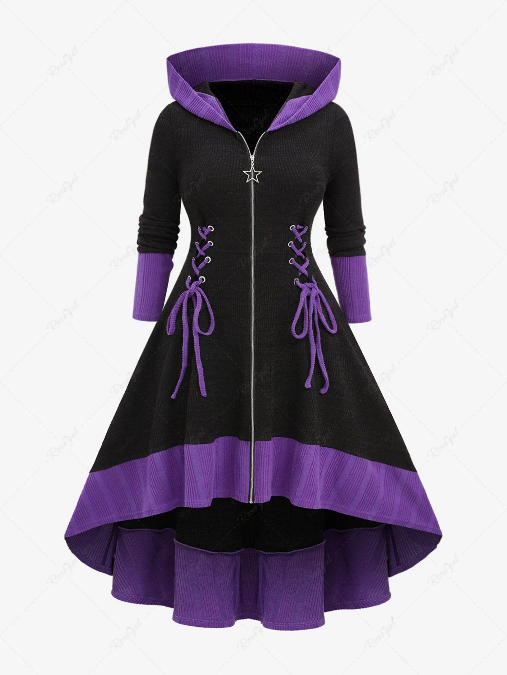 Plus Size Pentagram Zipper Lace Up Hooded Sweater Dress - 3x | Us 22-24